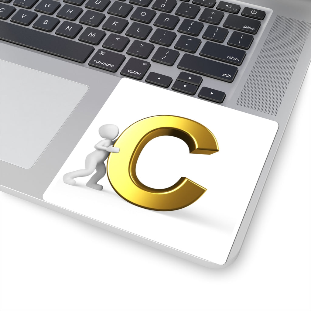 3D Gold Letter C with Pushing Figure Sticker | Kiss-Cut Sticker