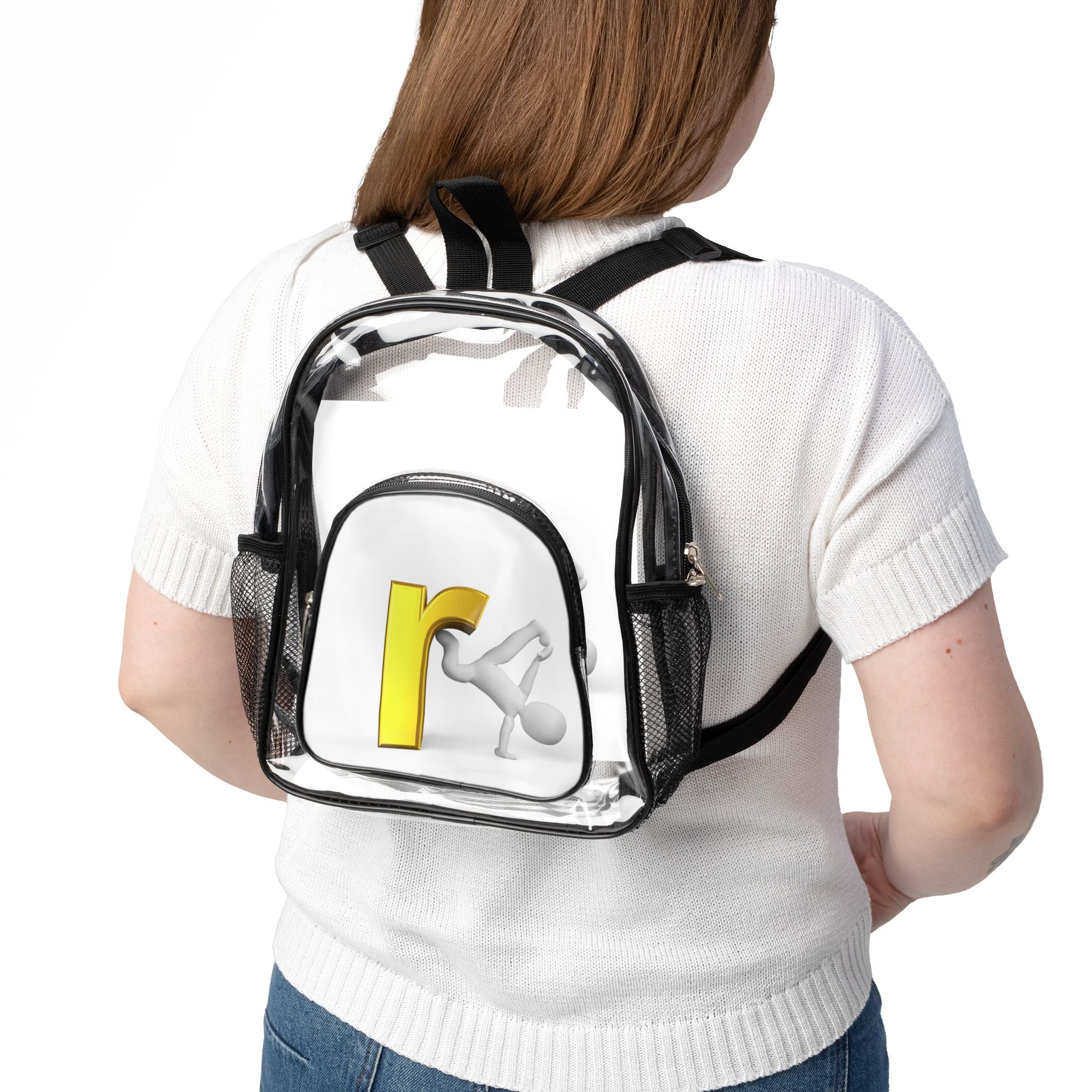 Yellow 3D Letter R design Clear Stadium Backpack | Transparent School Bag