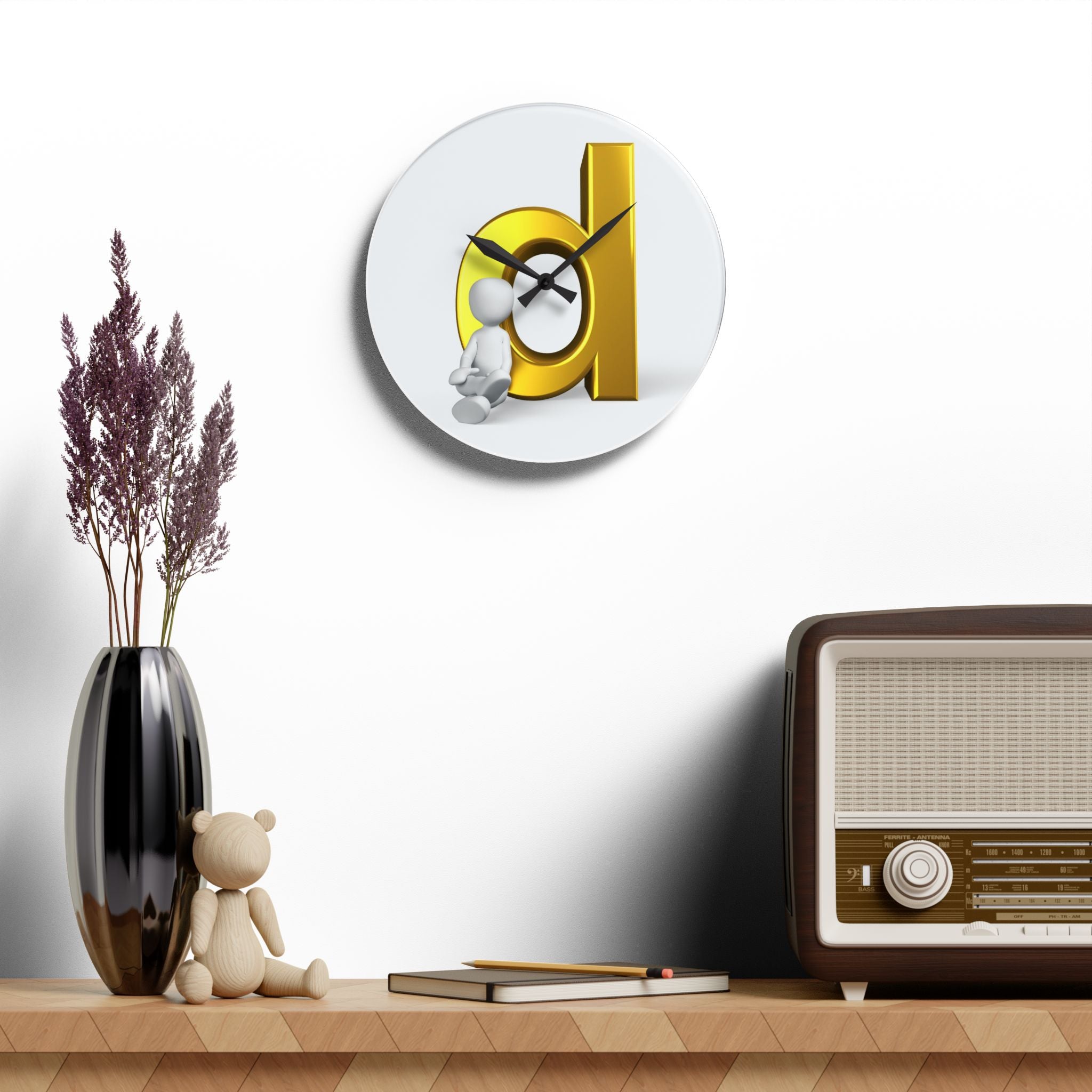 3D Gold Letter d with Sitting Figure Acrylic Wall Clock | Modern Alphabet Decor