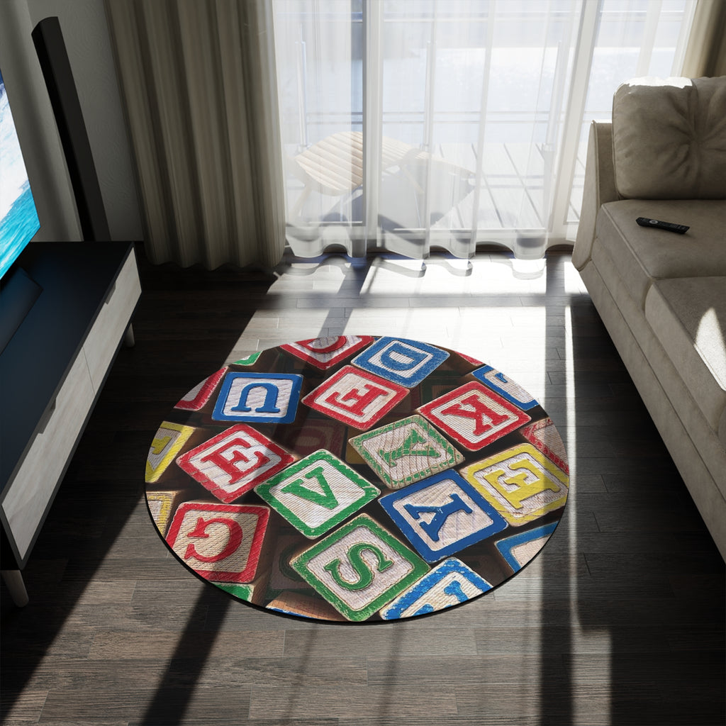 Alphabet Wooden Blocks Round Rug | Kids Playroom Nursery Floor Mat