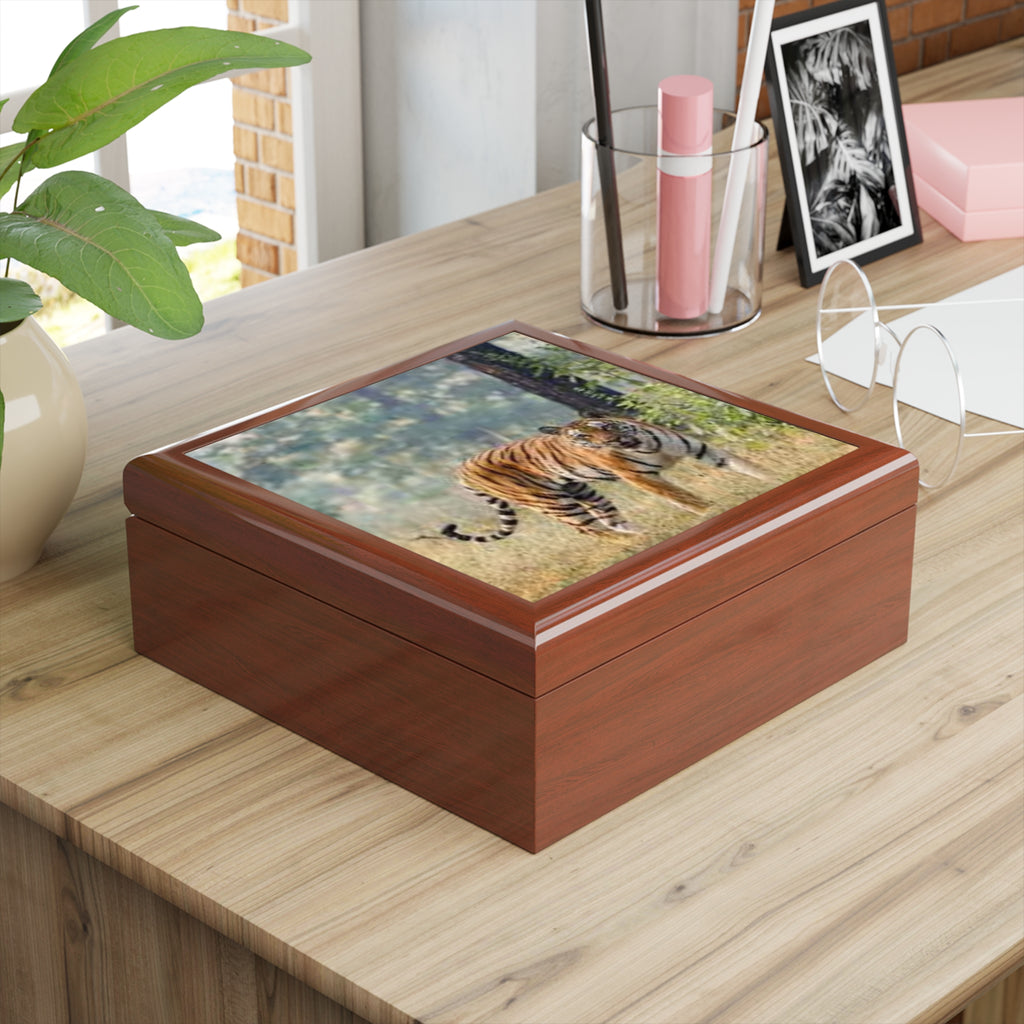 Bengal Tiger Portrait Jewelry Box | Black Lacquer Trinket Storage