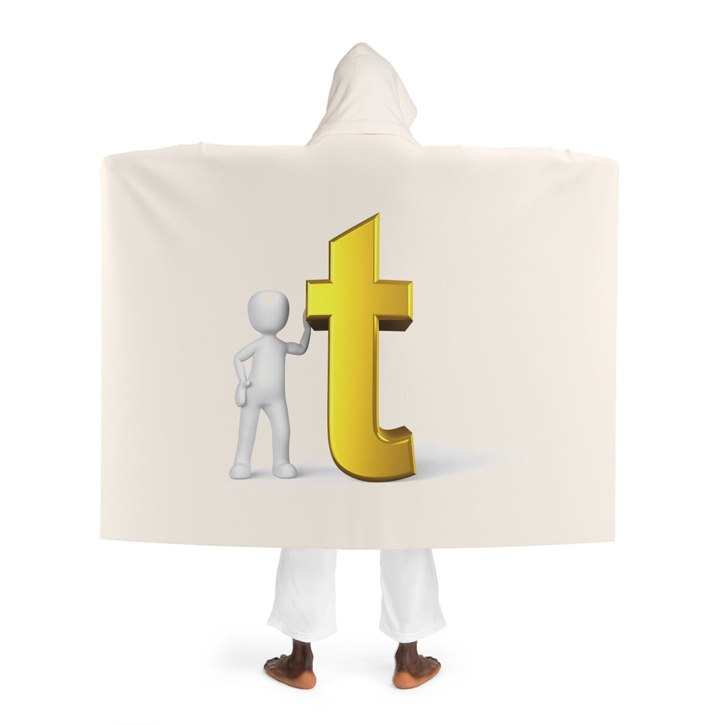 Cream Hooded Sherpa Blanket | Gold Letter T With Figure Cozy Hooded Fleece Throw