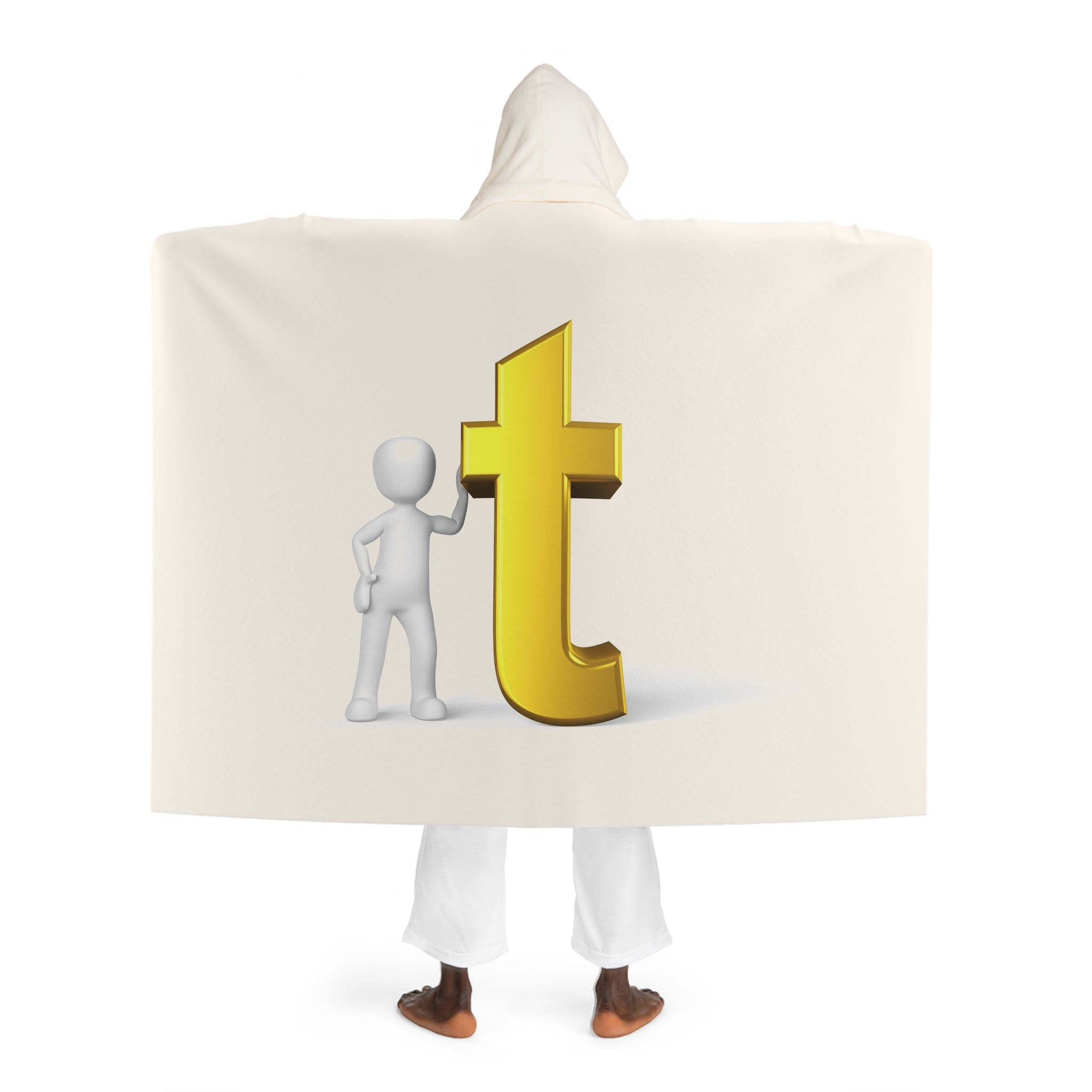 Cream Hooded Sherpa Blanket | Gold Letter T With Figure Cozy Hooded Fleece Throw