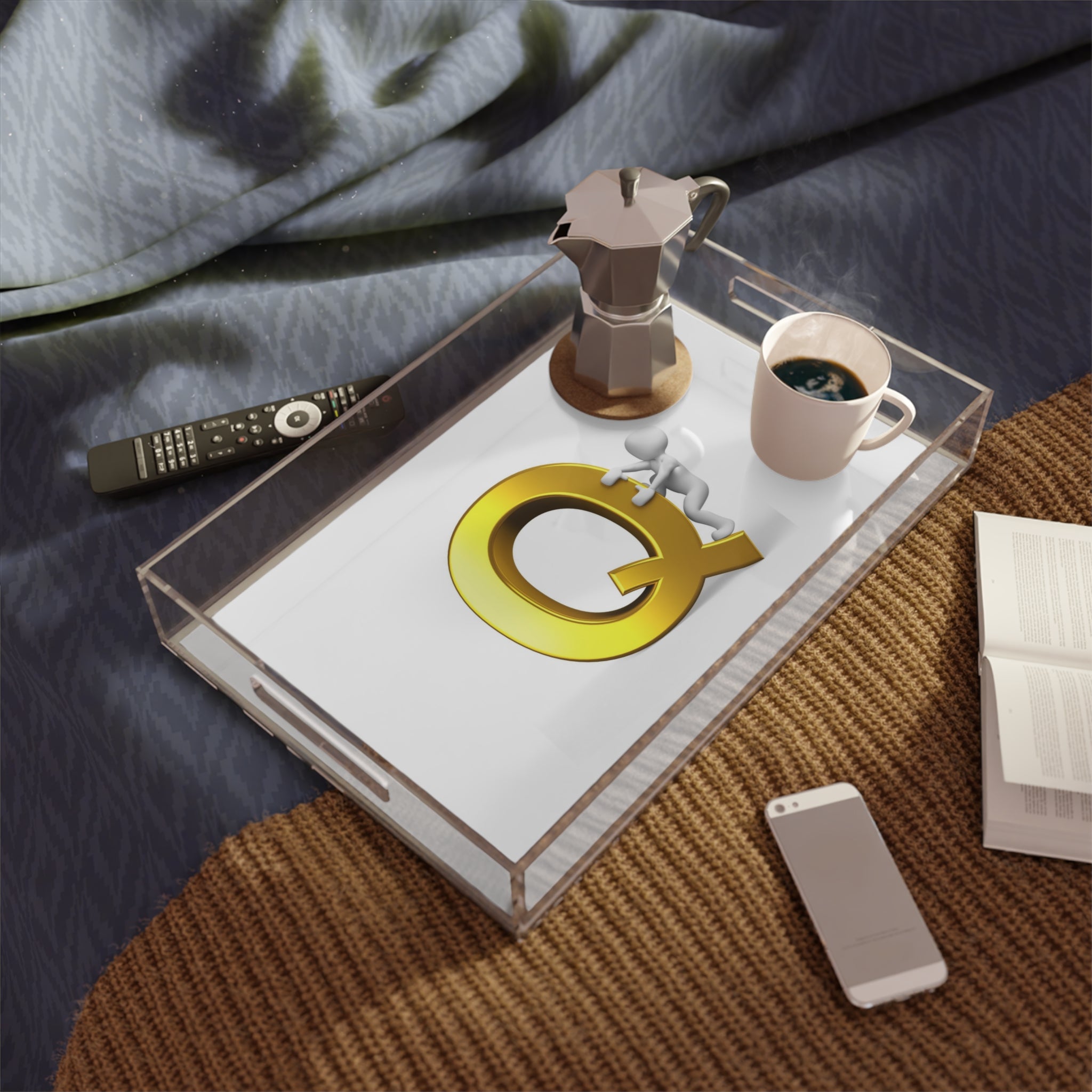 Gold Letter Q with Climbing Figure Acrylic Serving Tray | Monogram Initial Q