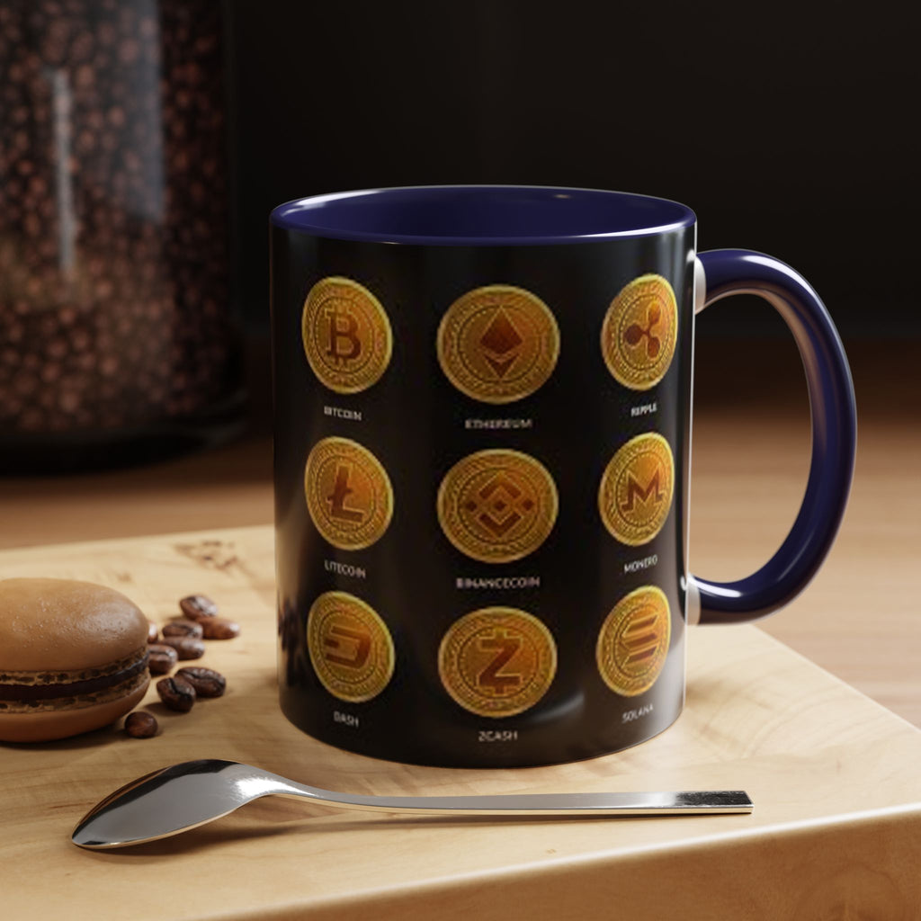 Cryptocurrency Coin Icons Accent Mug | Bitcoin Ethereum Litecoin Doge Coffee Mug