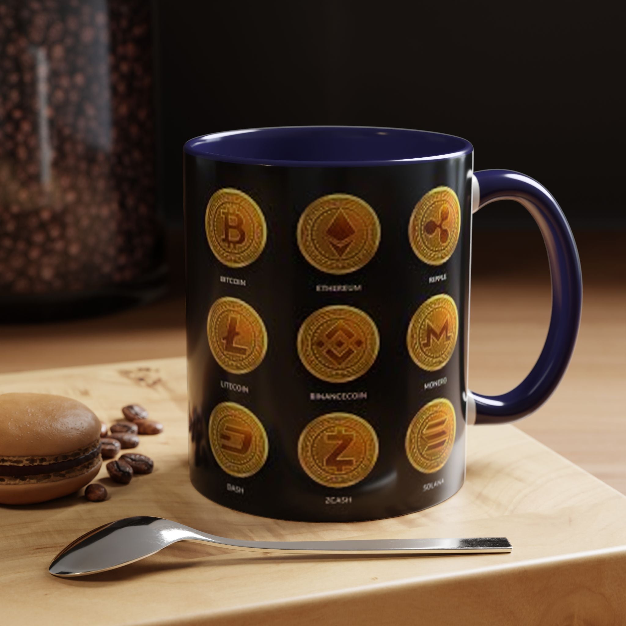 Cryptocurrency Coin Icons Accent Mug | Bitcoin Ethereum Litecoin Doge Coffee Mug