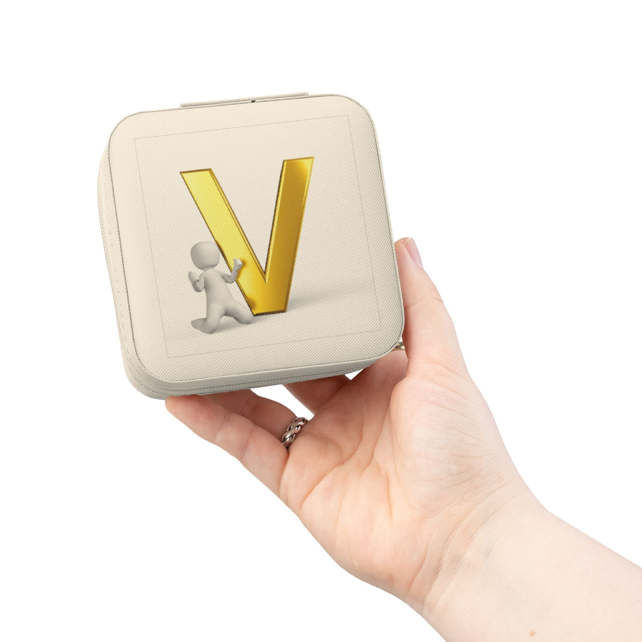 Gold Letter V Monogram Jewelry Travel Case | Compact Square Organizer