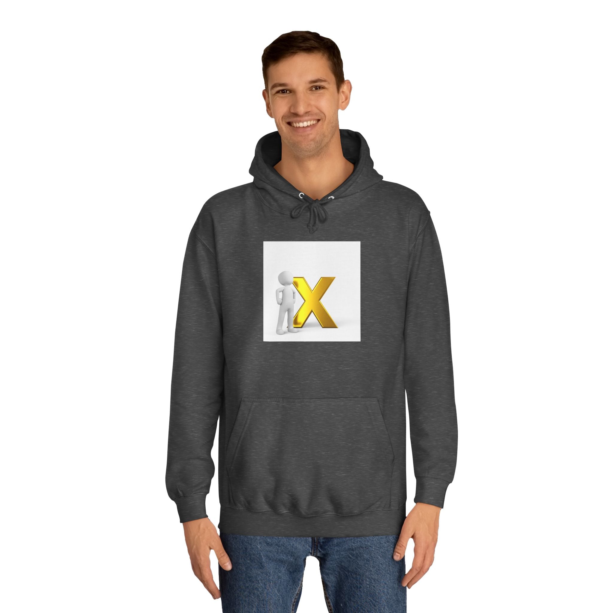 3D Figure Leaning on Gold X Hoodie | Letter X Initial Pullover