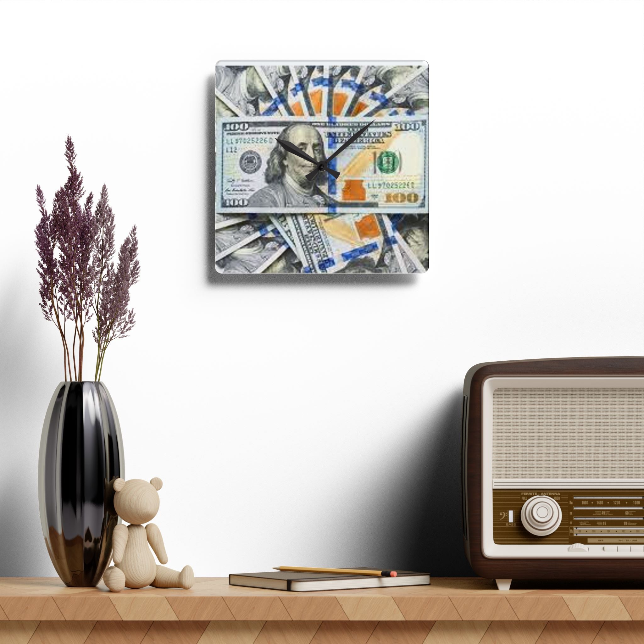 Hundred Dollar Bills Acrylic Clock | Money Stack Wall Clock