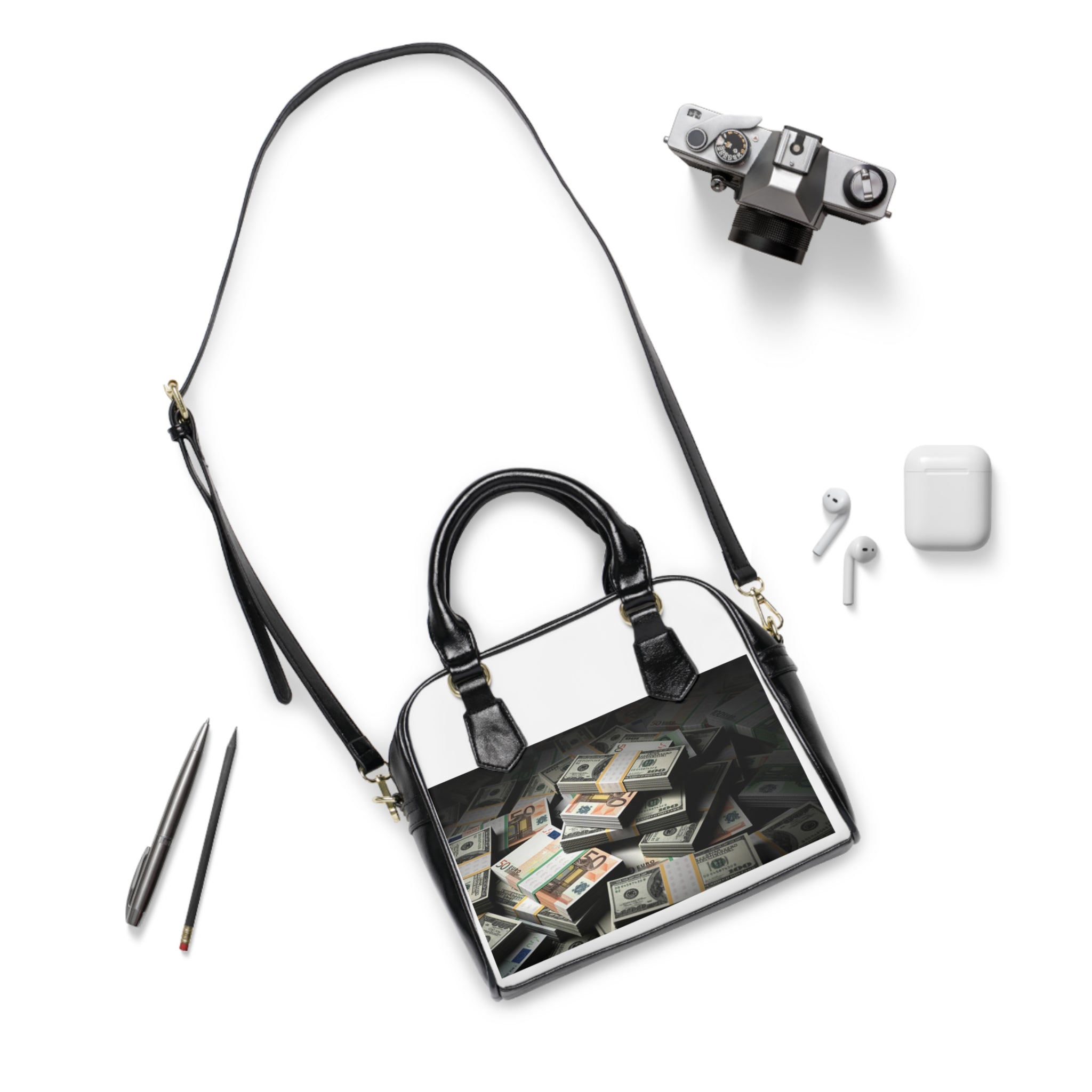 Stacked Cash Print Shoulder Handbag | Money Pile Design