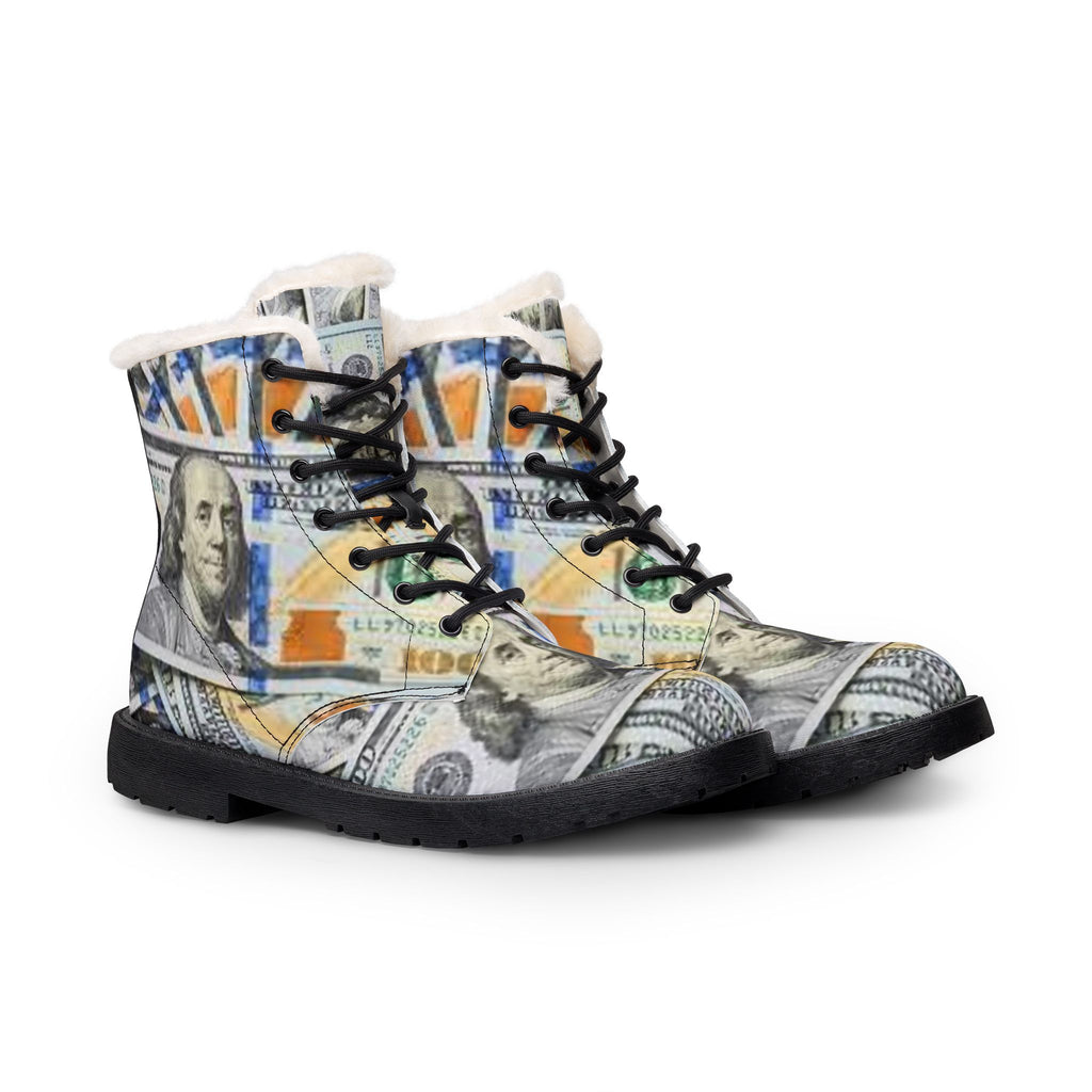 Hundred Dollar Bill Print Boots | Leather Fur-Lined Boots