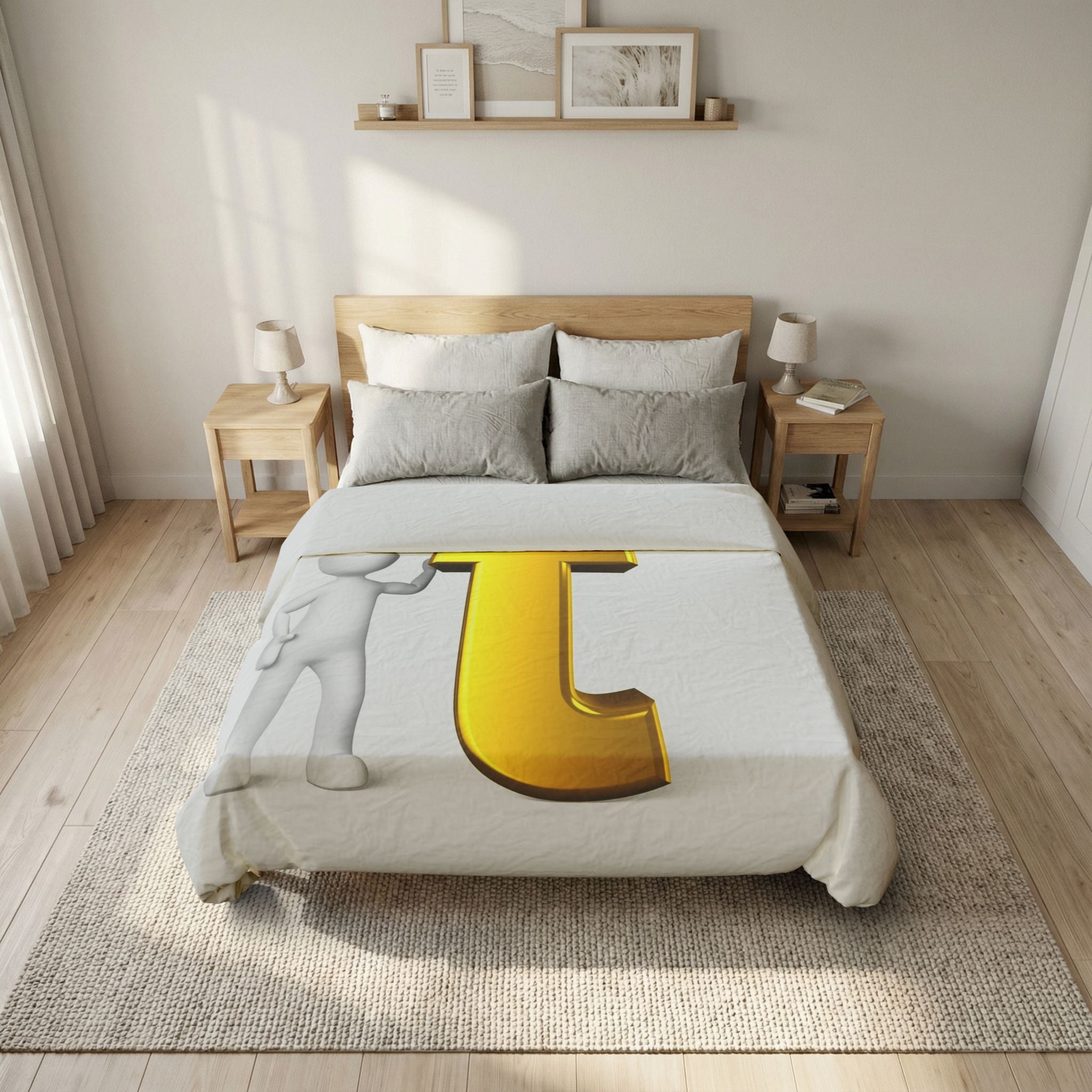 3D Gold Letter T with Figure Duvet | Alphabet Monogram Bedding