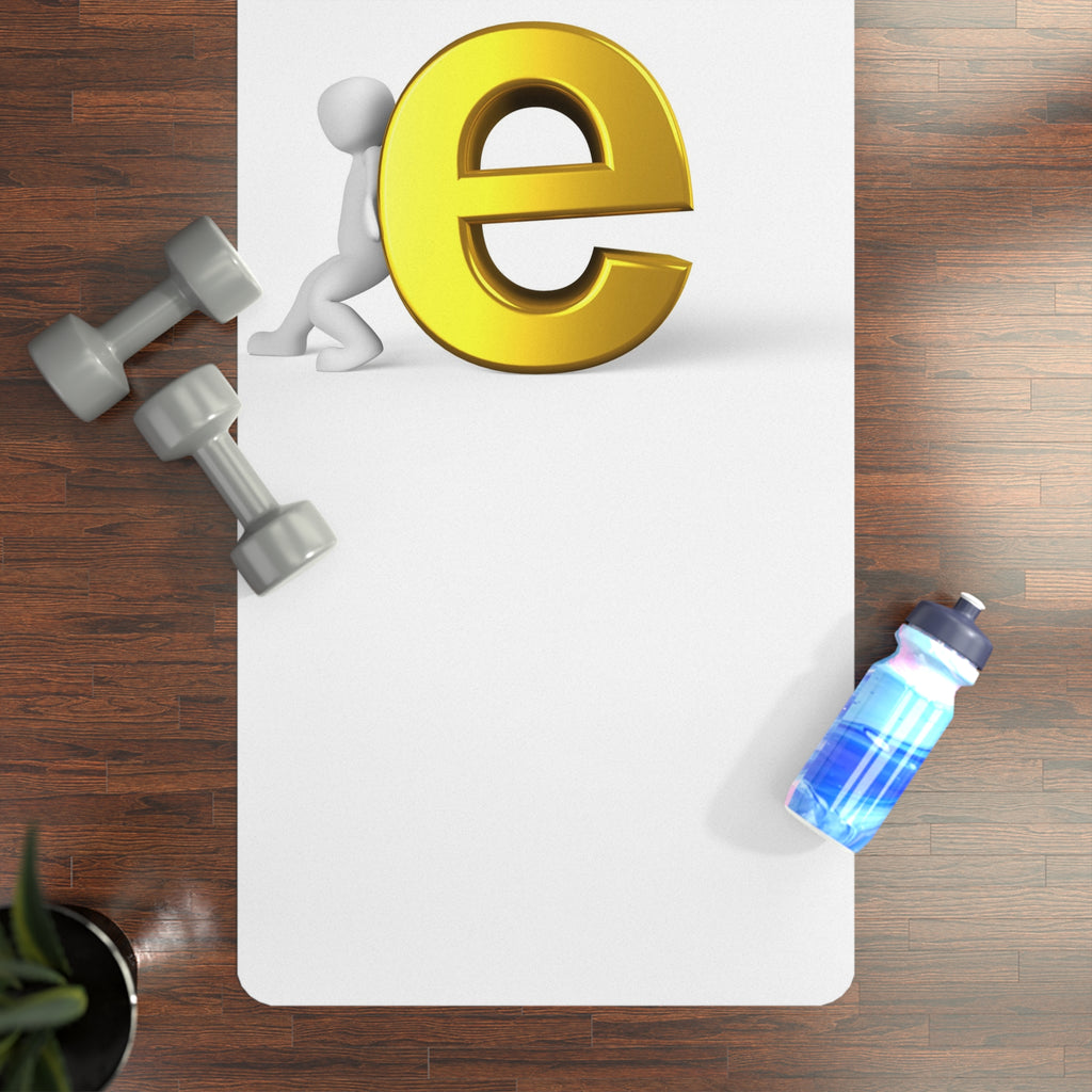 3D Stick Figure Pushing Gold Letter E Rubber Yoga Mat | Minimal Alphabet Design
