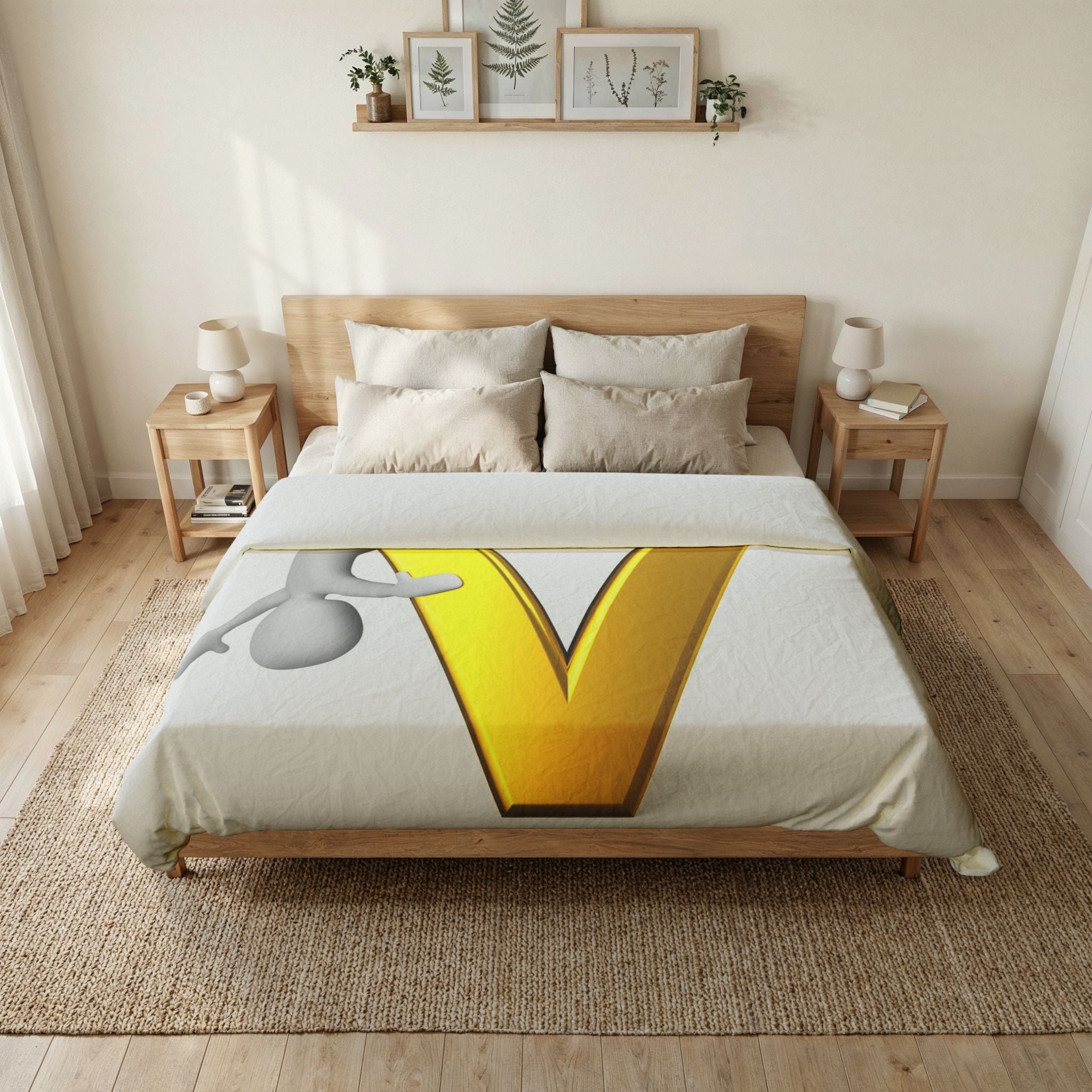 3D Stick Figure Gold Letter V Duvet Cover