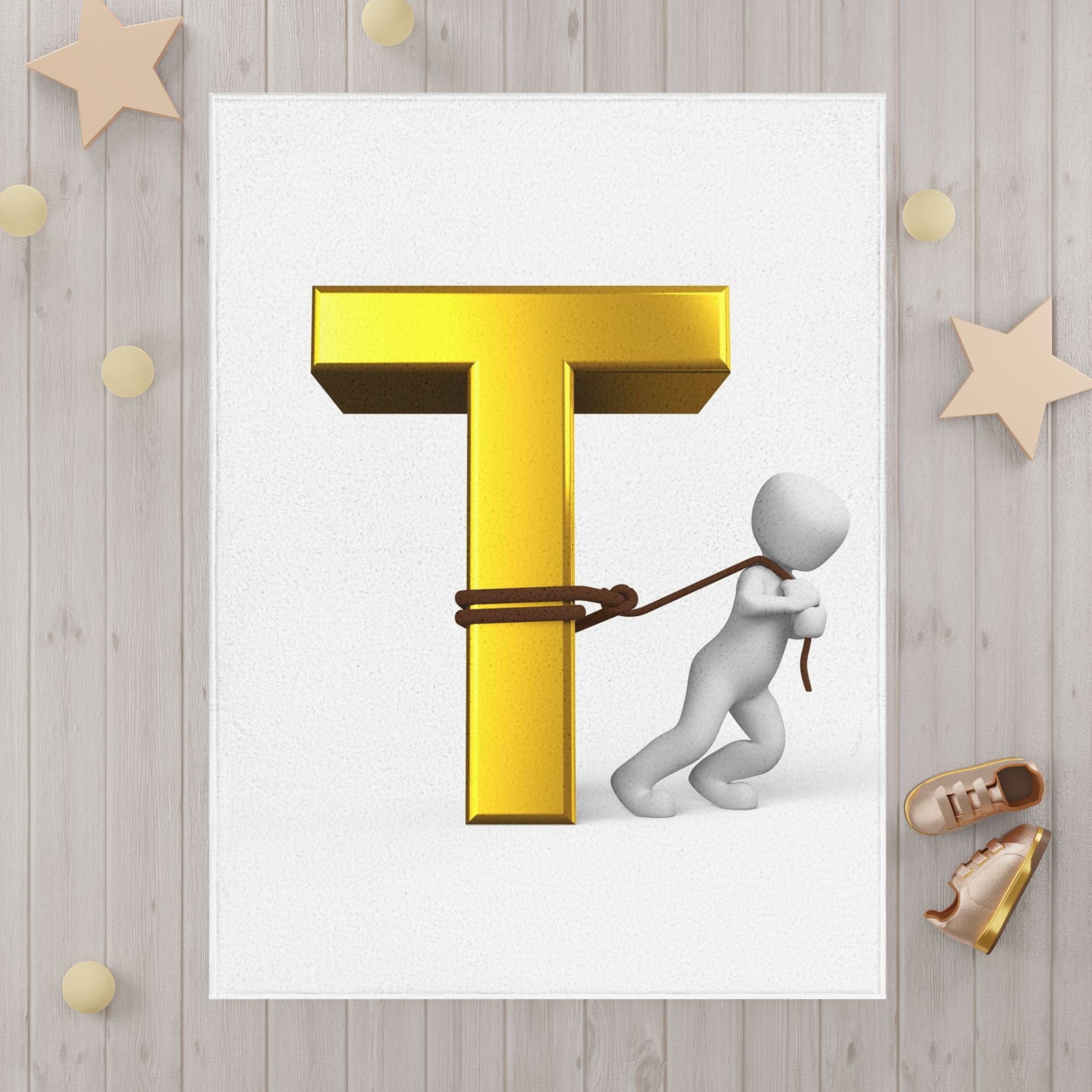 Gold Letter T with Stick Figure, Toddler Blanket