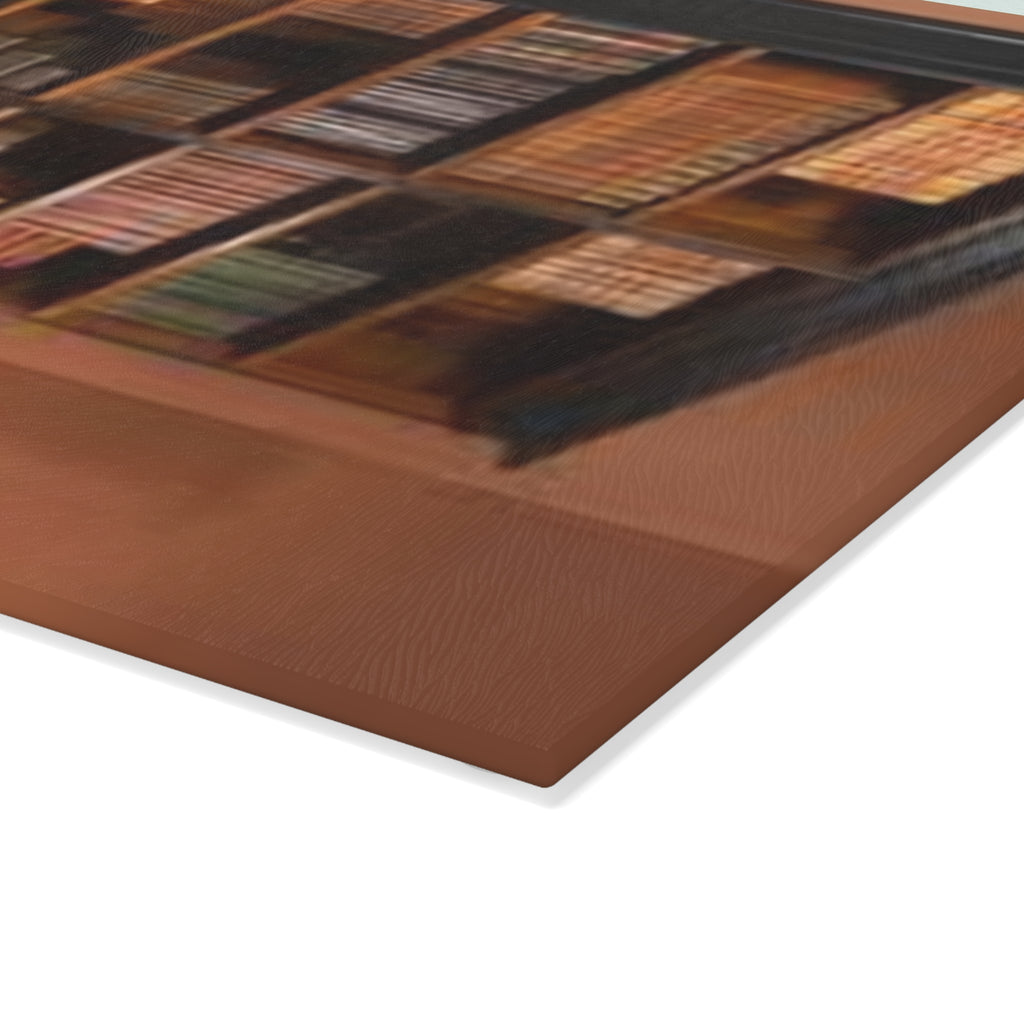Cozy Library Bookshelf Glass Cutting Board | Kitchen Charcuterie Cheese Board