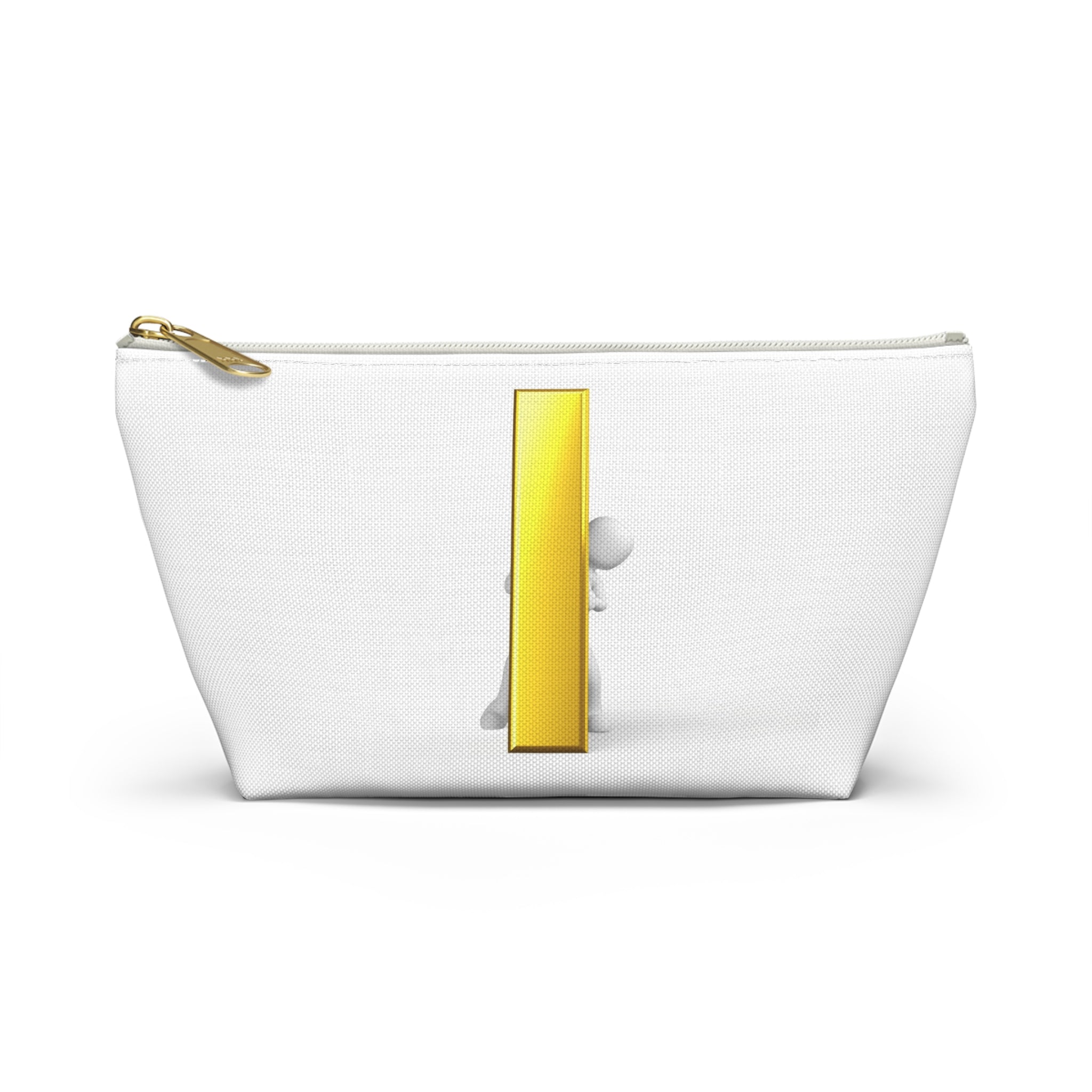 Trousse à accessoires en forme de bonhomme allumette 3D tenant la lettre dorée « i » | Trousse de toilette à fond plat