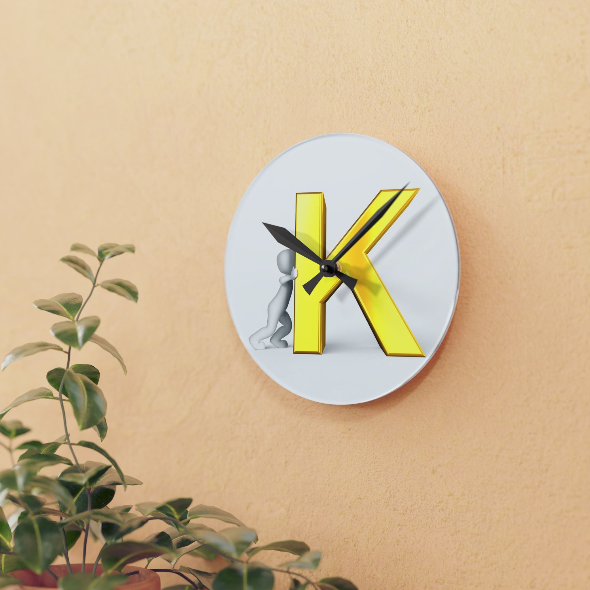 3D Yellow Letter K with Figure Acrylic Wall Clock | Alphabet Initial Decor