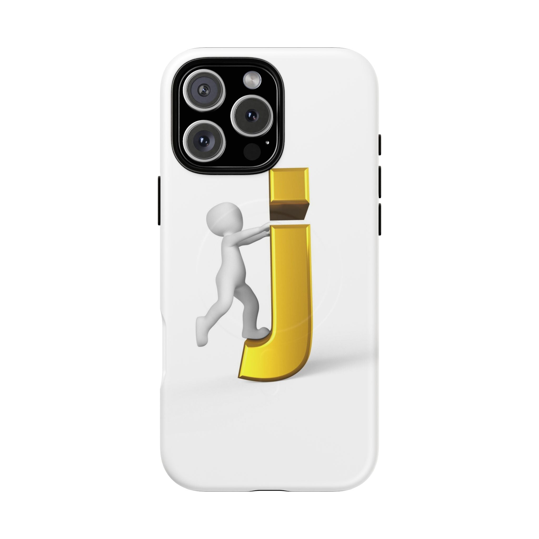 Coque de téléphone 3D Bonhomme allumette Poussant la lettre J dorée | Coque magnétique robuste