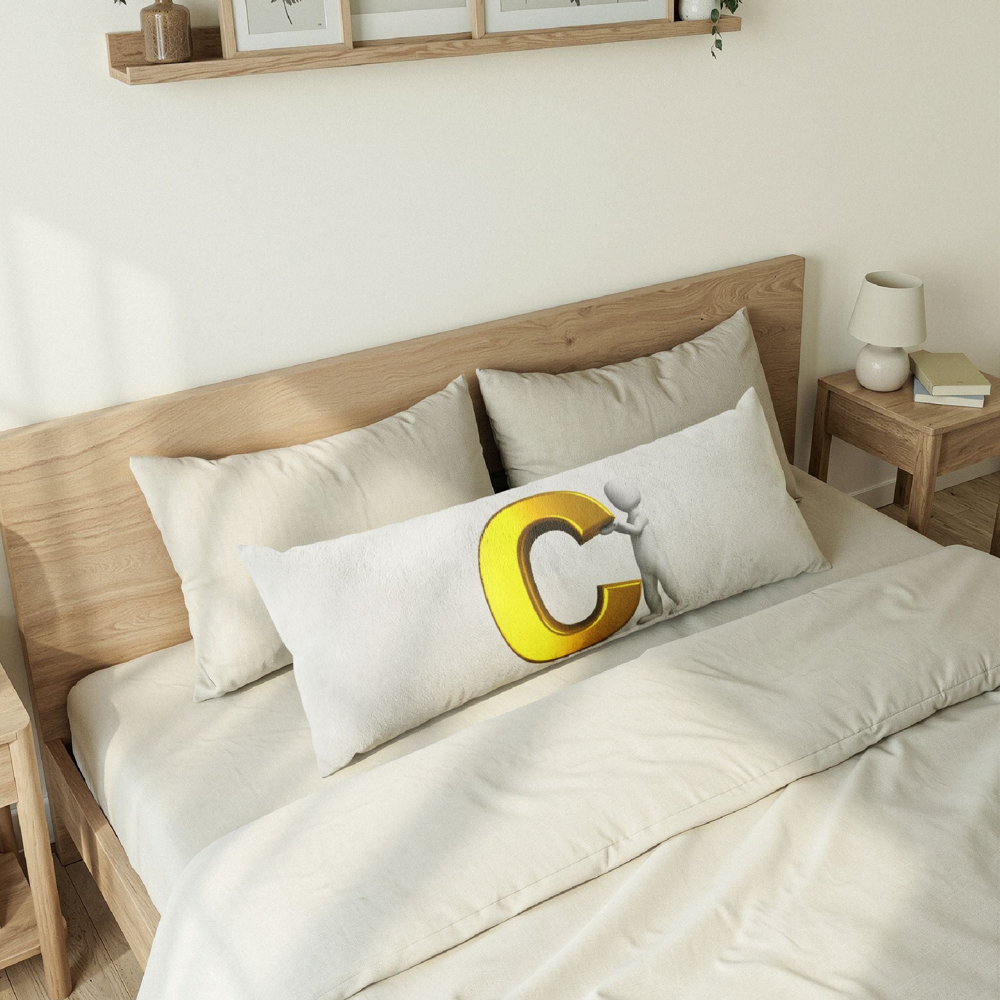 3D Gold Letter C with Figure Body Pillow | Monogram Letter C Pillow
