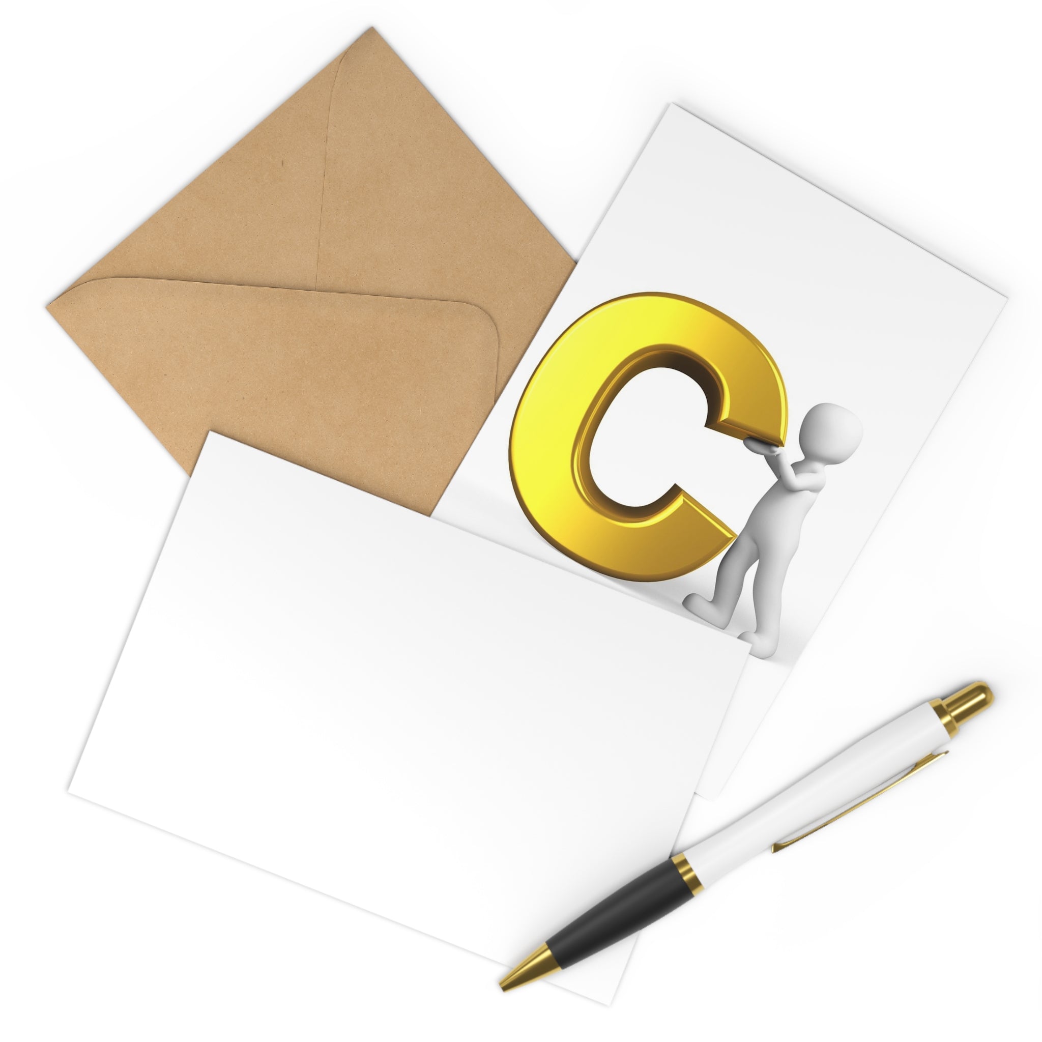 3D Gold Letter C Postcards | Alphabet Stationery, 7 Pack