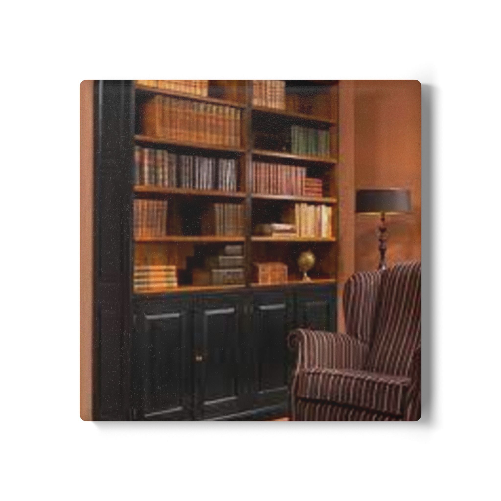 Cozy Library Bookshelf Ceramic Coaster | Vintage Reading Room Cork Back