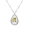 Gold Initial 'R' Oval Pendant Necklace - Personalized Monogram Teardrop Necklace