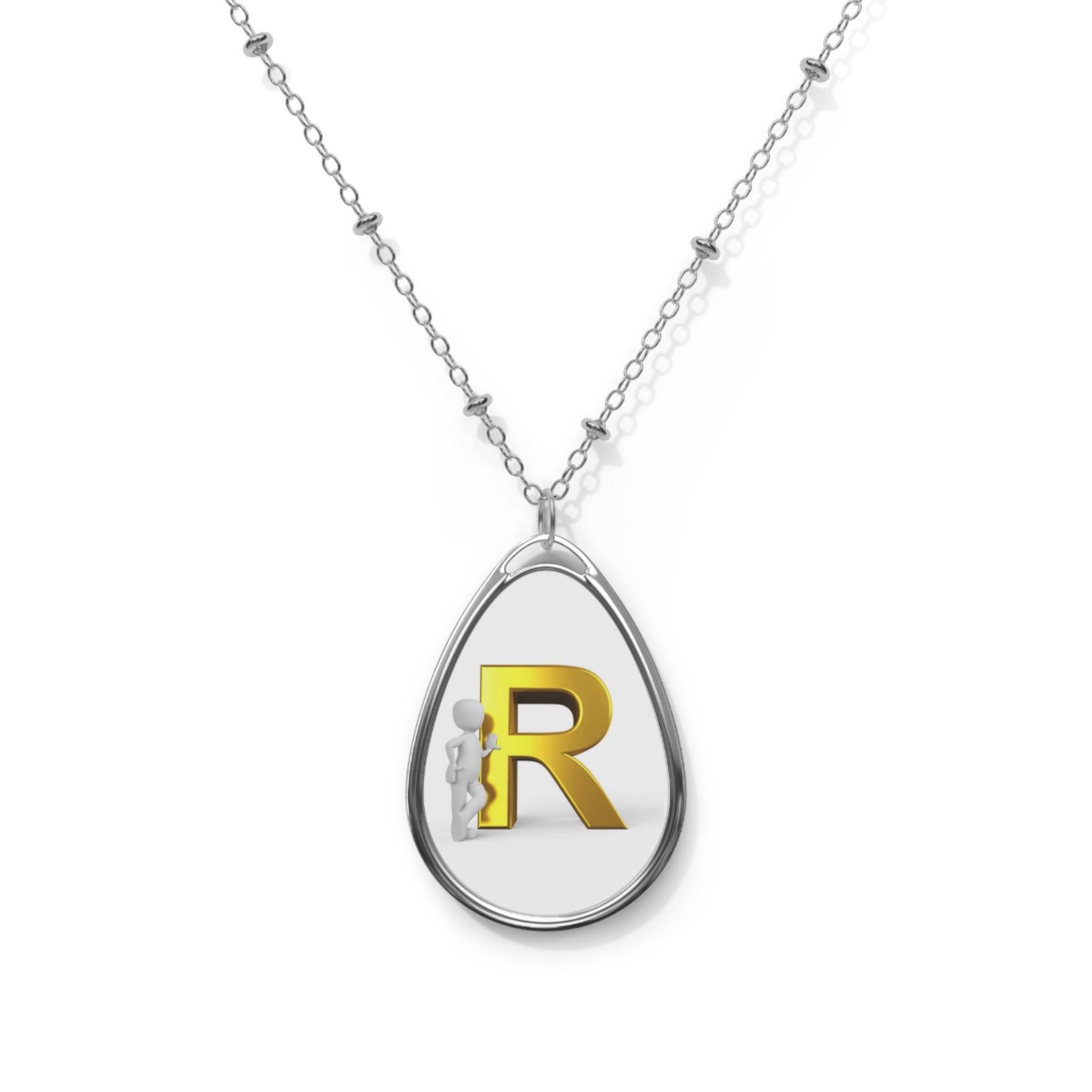 Gold Initial 'R' Oval Pendant Necklace - Personalized Monogram Teardrop Necklace
