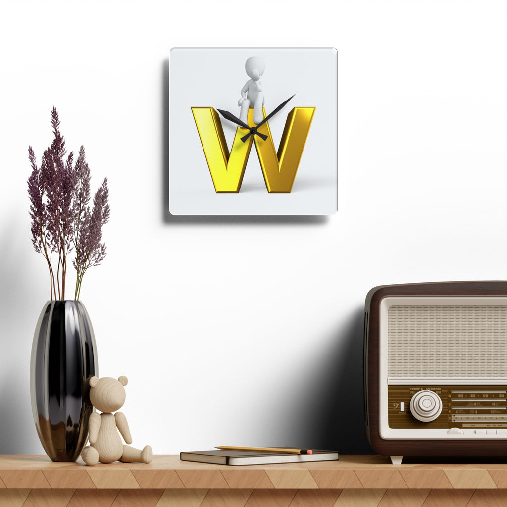 Gold Letter W with Figure Acrylic Wall Clock | Initial Monogram Decor