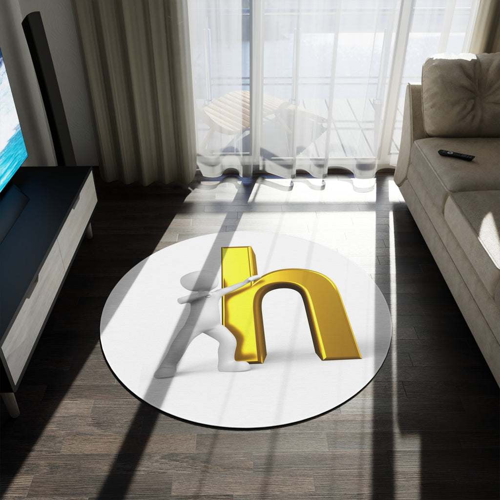 3D Person Pushing Gold Letter H Round Rug | Letter H Floor Mat, Alphabet Nursery Decor