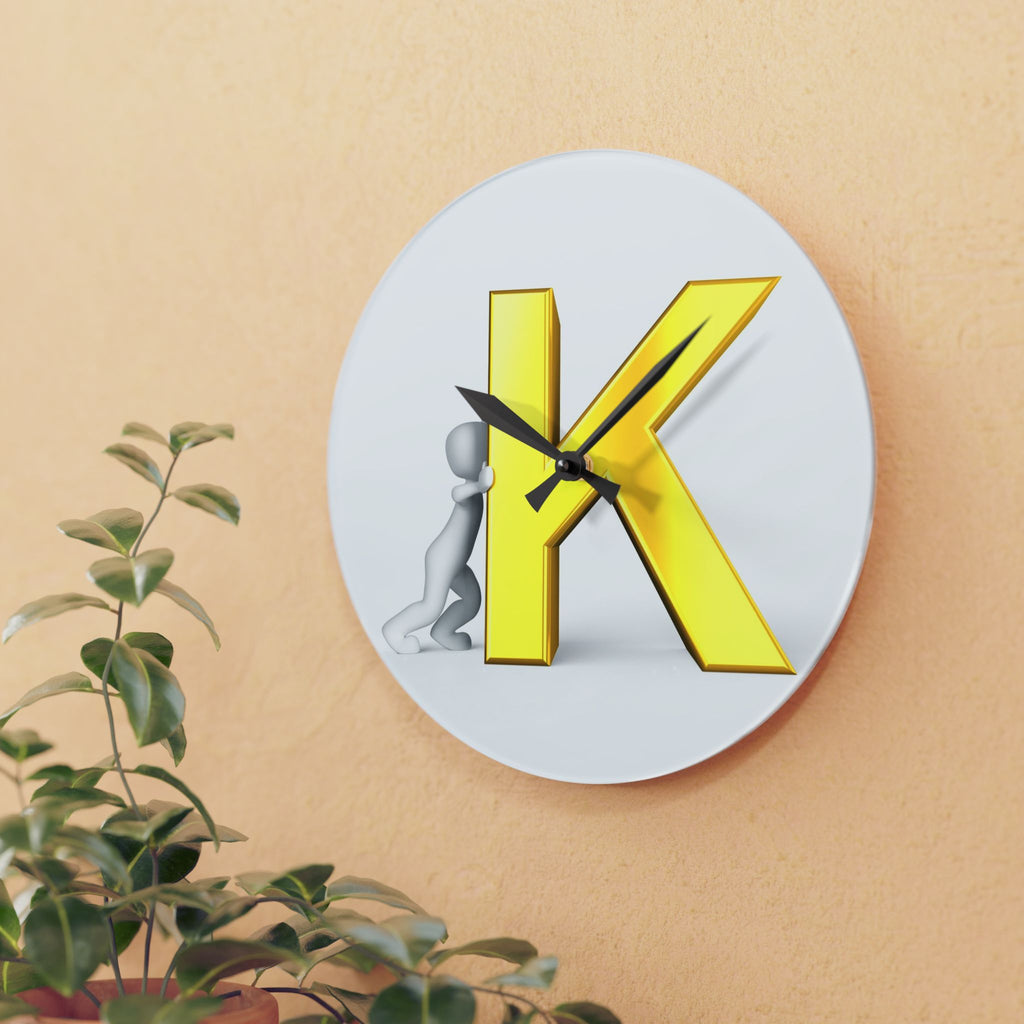 3D Yellow Letter K with Figure Acrylic Wall Clock | Alphabet Initial Decor