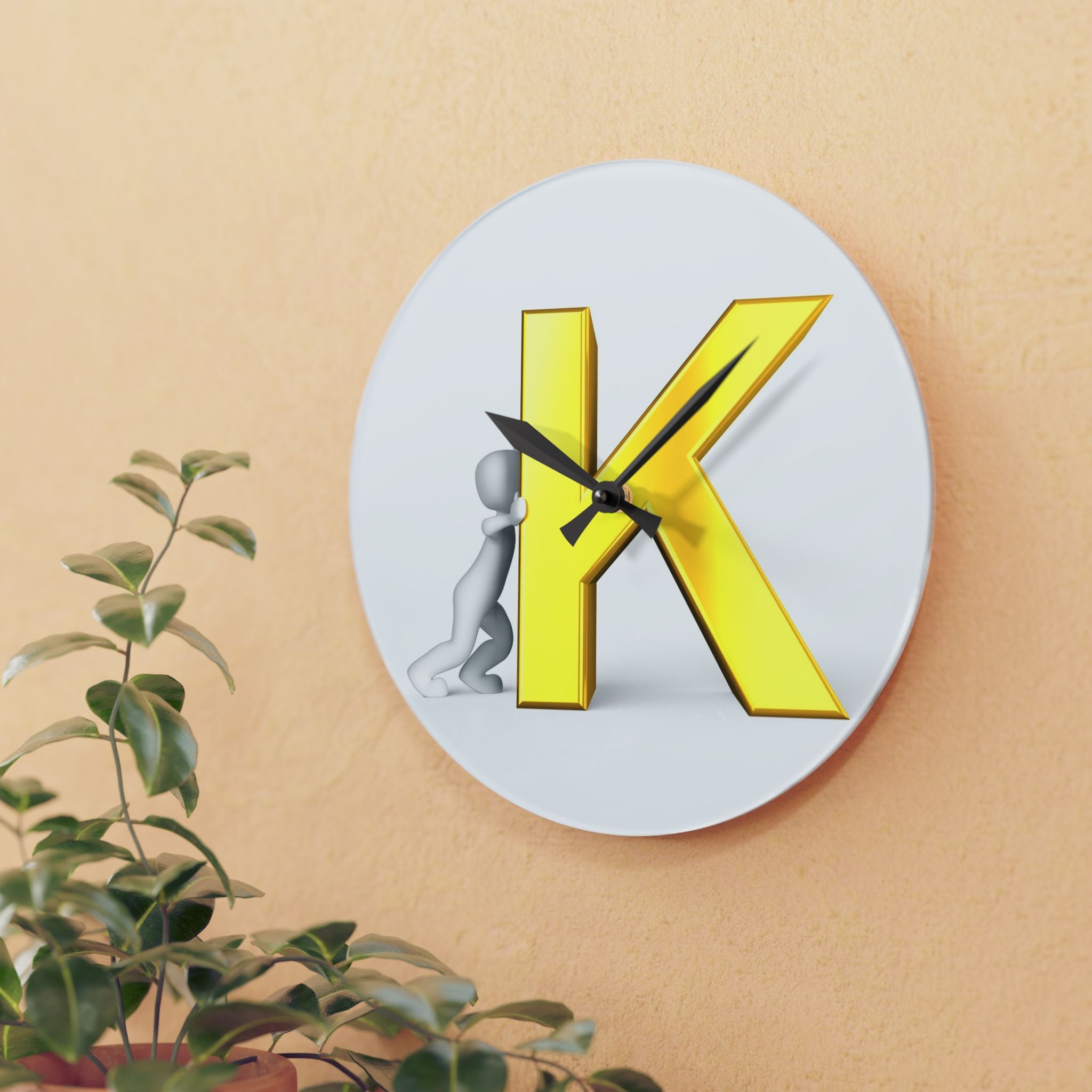 3D Yellow Letter K with Figure Acrylic Wall Clock | Alphabet Initial Decor