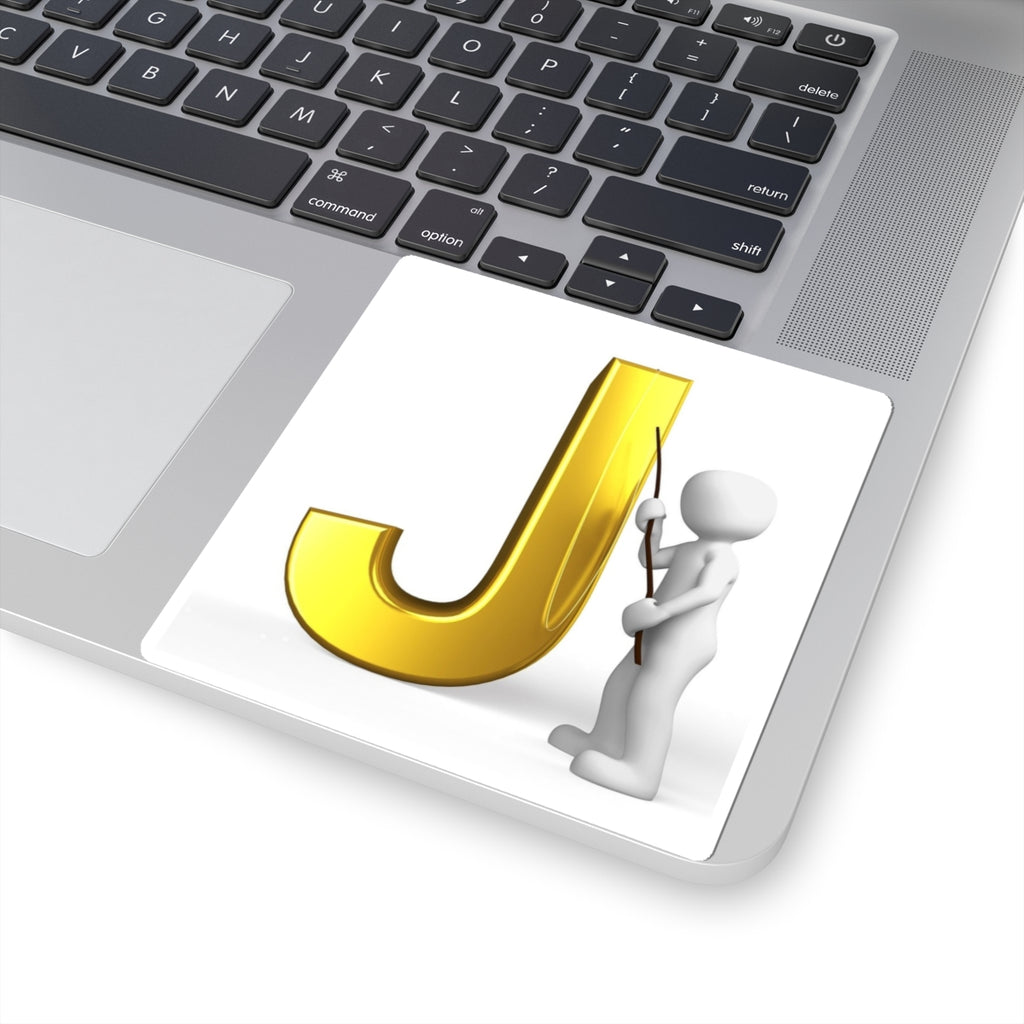 Gold Letter J with 3D Figure Kiss-Cut Sticker | Monogram Initial Decal