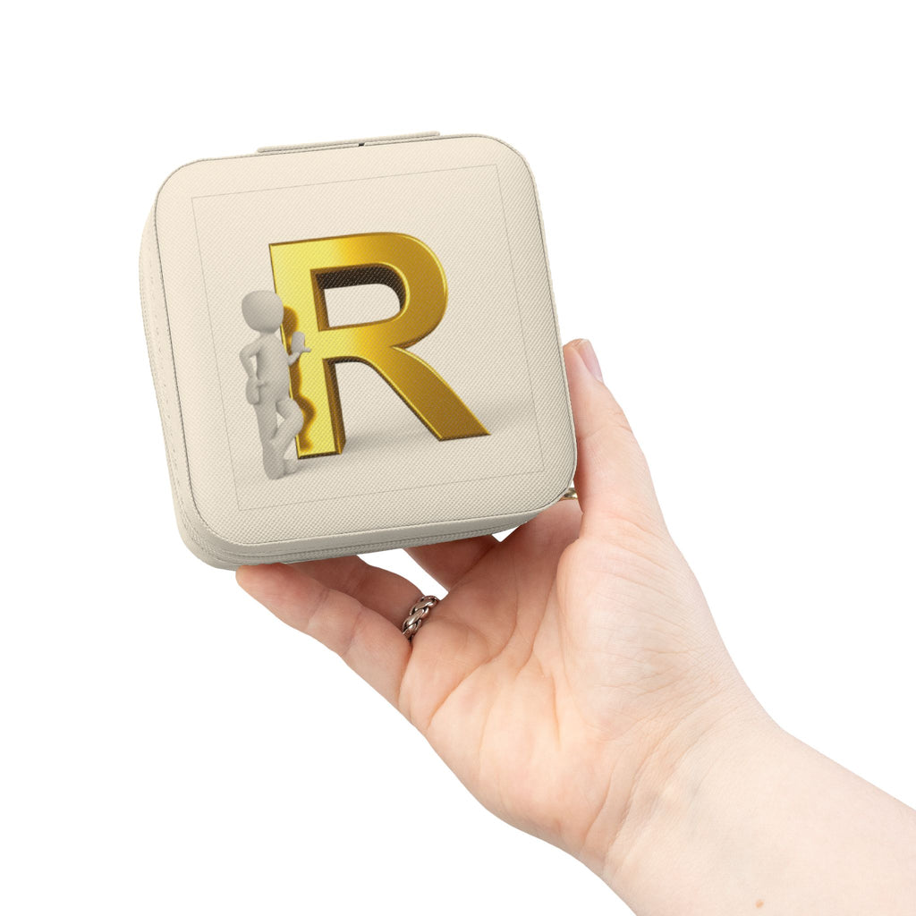 Gold Monogram R Initial Jewelry Travel Case | Compact Pink Travel Organizer