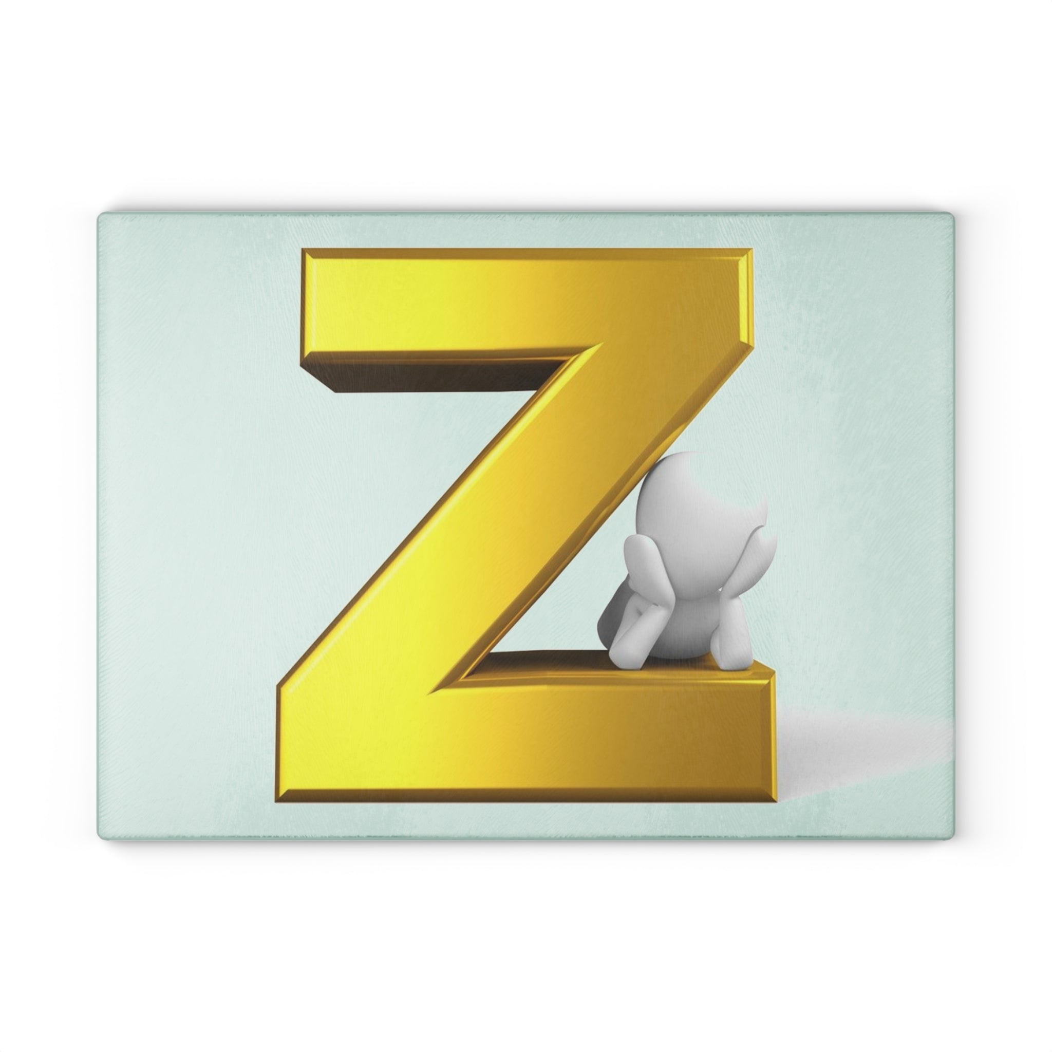 Gold 3D Letter Z with Cute Character Glass Cutting Board | Monogram Kitchen Decor