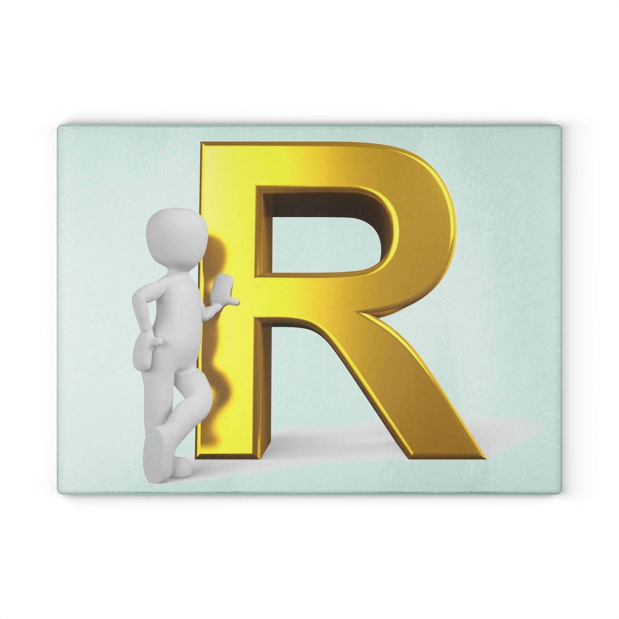 Gold Letter R with 3D Figure Glass Cutting Board | Monogram Initial R