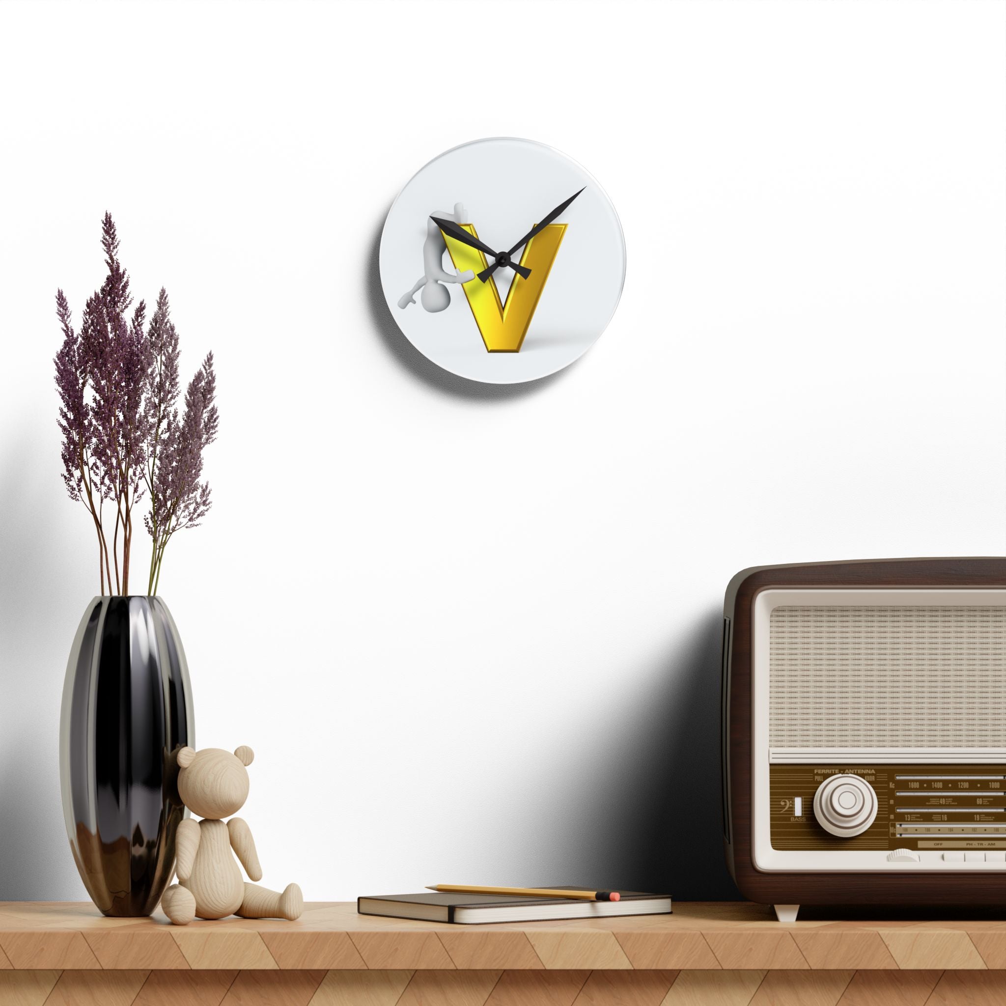 3D Gold Letter V with Figure acrylic wall clock | modern initial decor