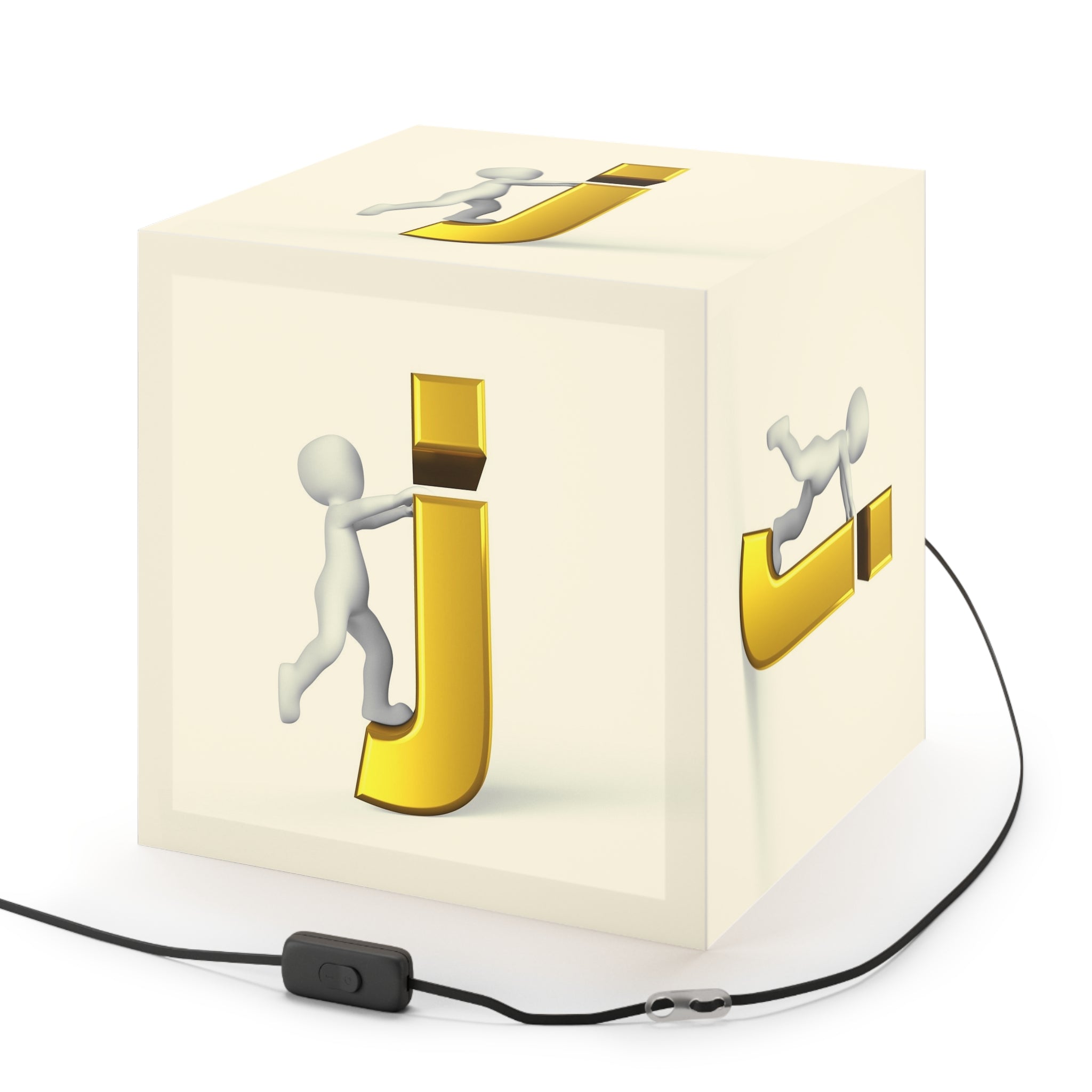 3D Stick Figure Riding Gold Letter J Light Cube Lamp | Personalized Initial Lighting