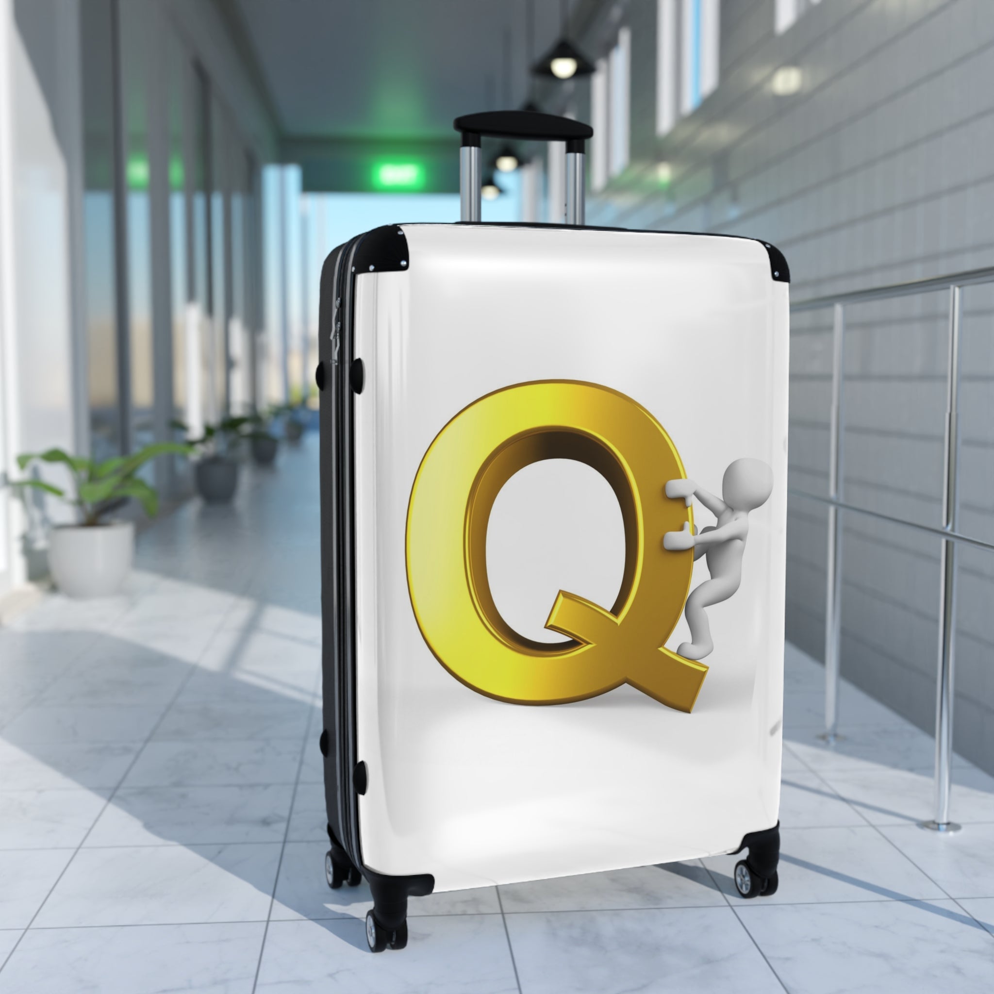 Gold Letter Q with Climbing Figure Suitcase | Monogram Initial Luggage