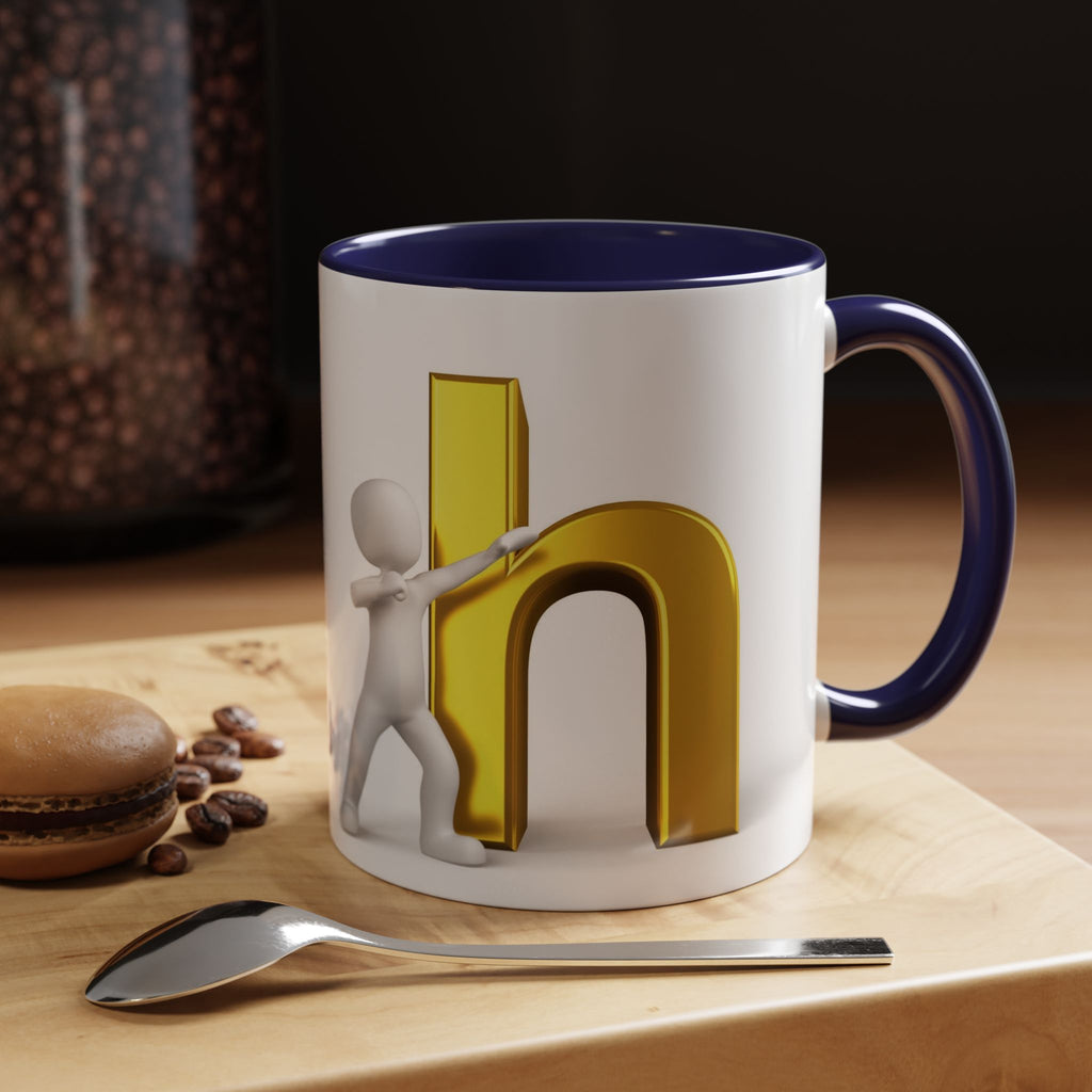 3D Stick Figure Pushing Gold Letter h Mug | Accent Coffee Mug 11/15oz