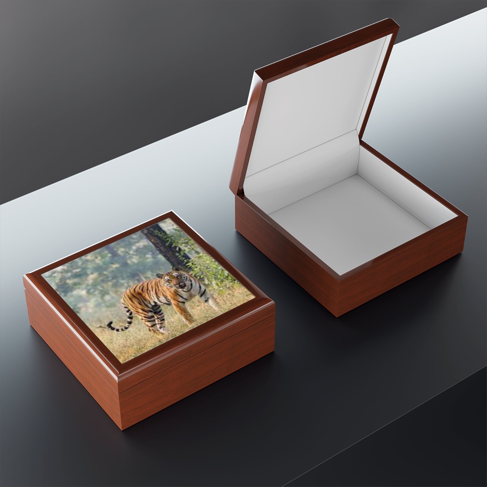 Bengal Tiger Portrait Jewelry Box | Black Lacquer Trinket Storage