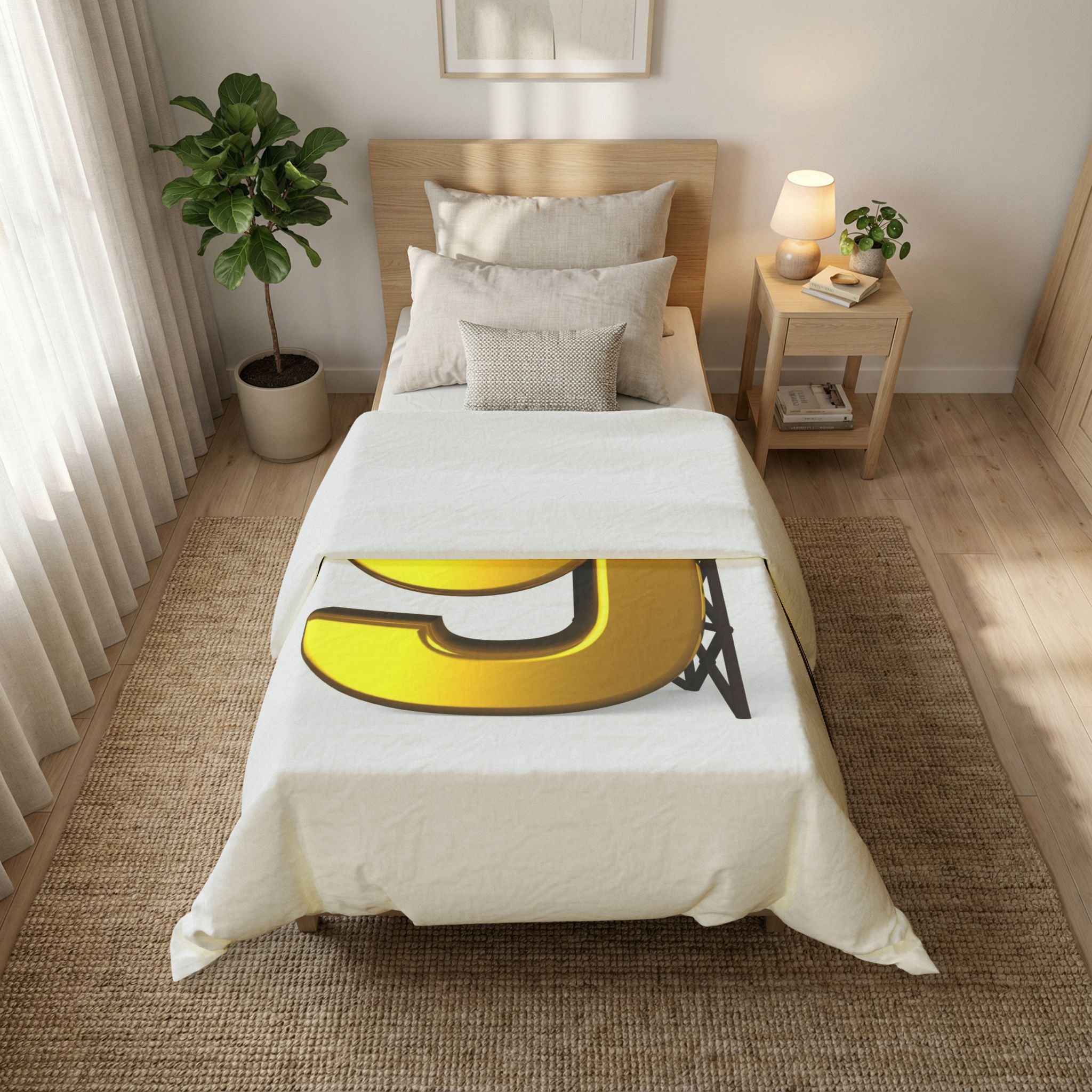Golden Letter g with Worker Illustration Duvet Cover | Typography Bedding