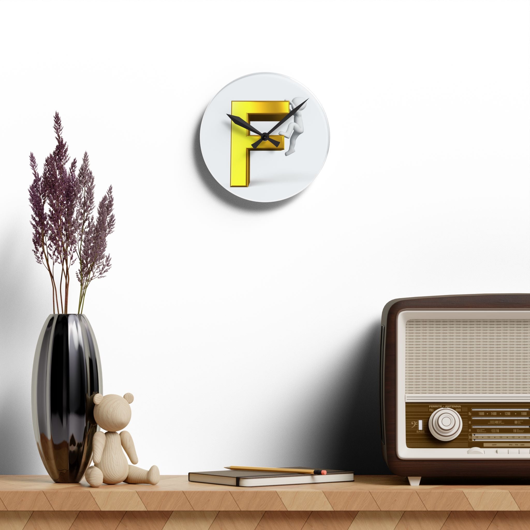 Gold Letter F with Climber Acrylic Wall Clock | Modern Initial Decor