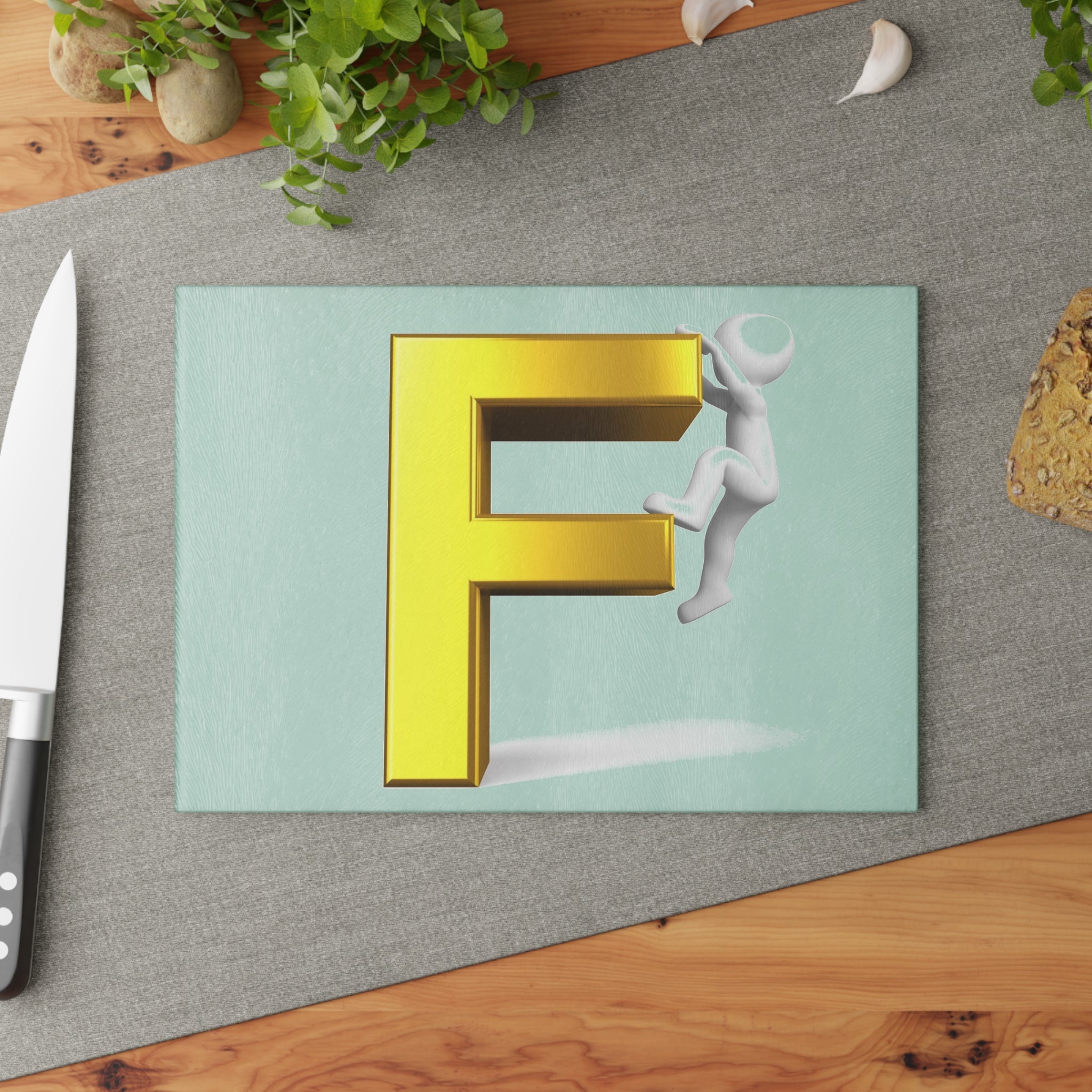 Gold 3D Letter F with Climber Glass Cutting Board | Alphabet Initial Kitchen Decor