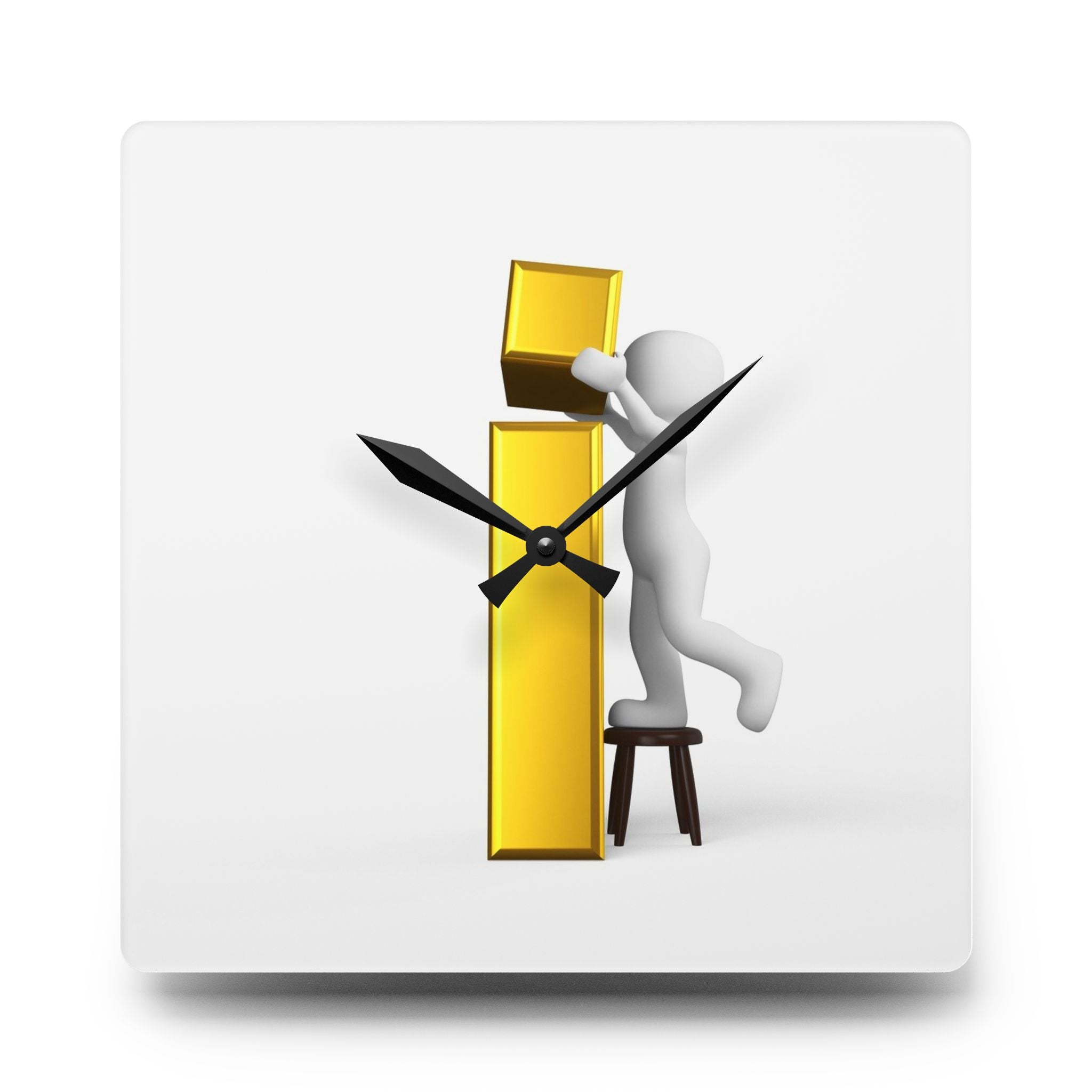 3D Figure Holding Gold Letter i Acrylic Wall Clock, modern typographic decor
