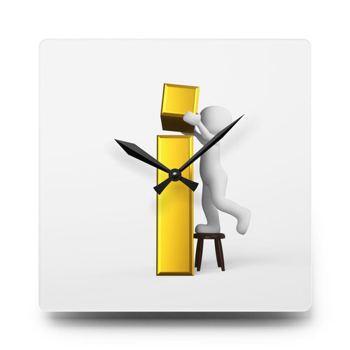 3D Figure Holding Gold Letter i Acrylic Wall Clock, modern typographic decor