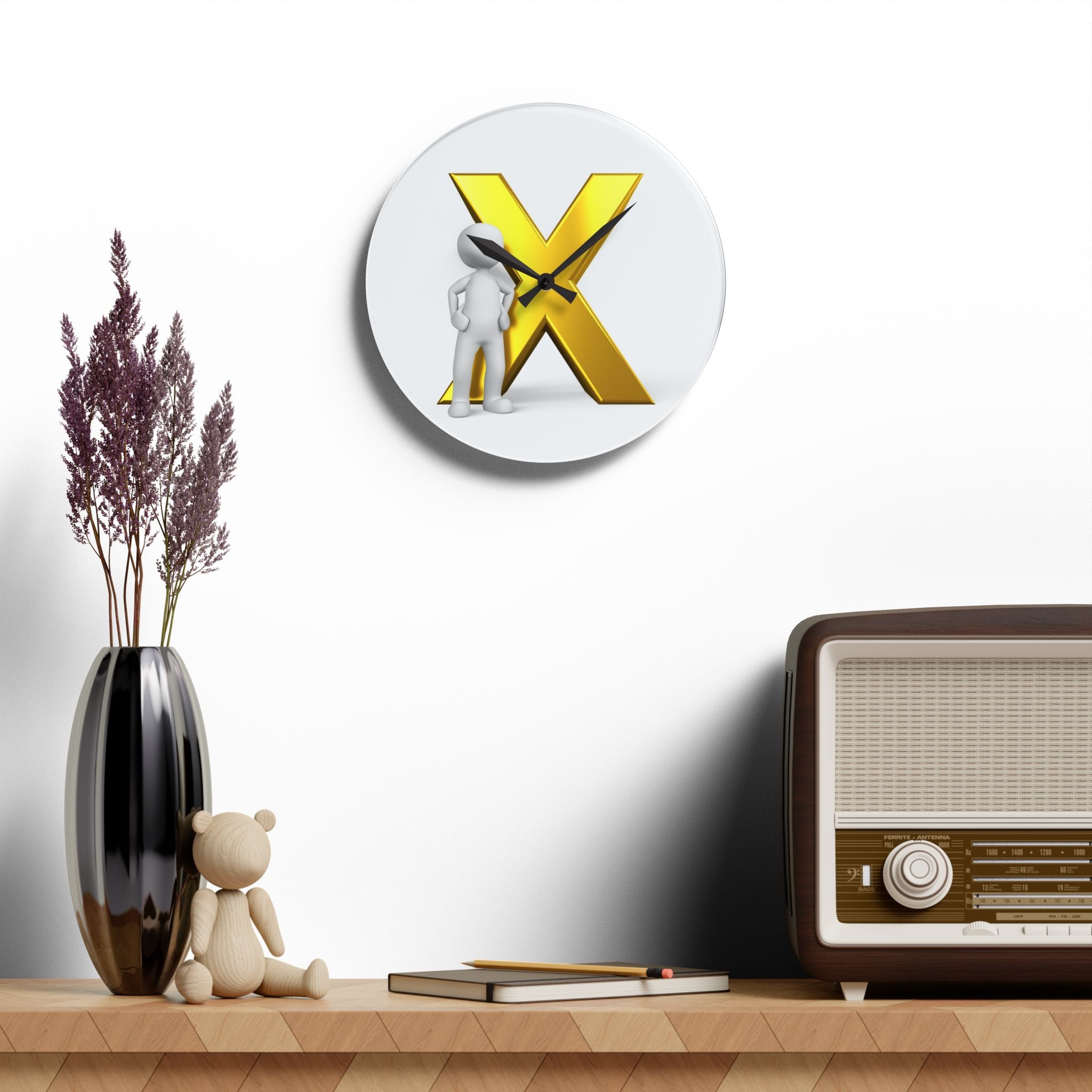 Gold Letter X with Figure Acrylic Wall Clock | Modern Initial Decor