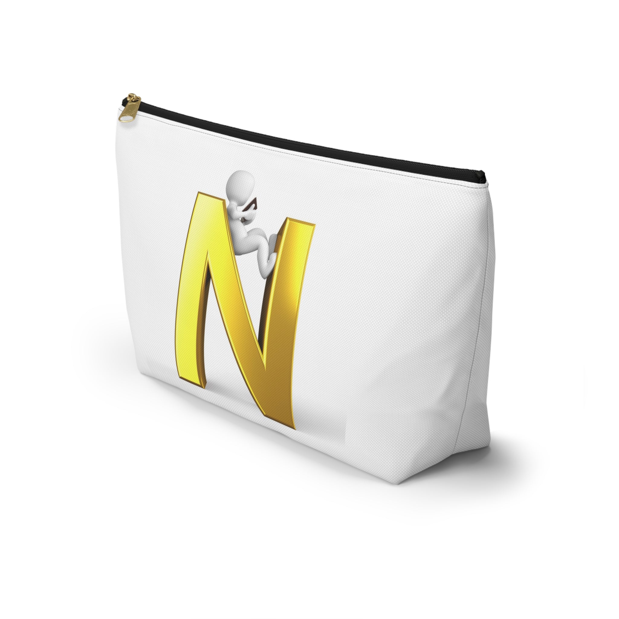 Gold Letter N with Climbing Figure Accessory Pouch | Monogram Makeup Bag