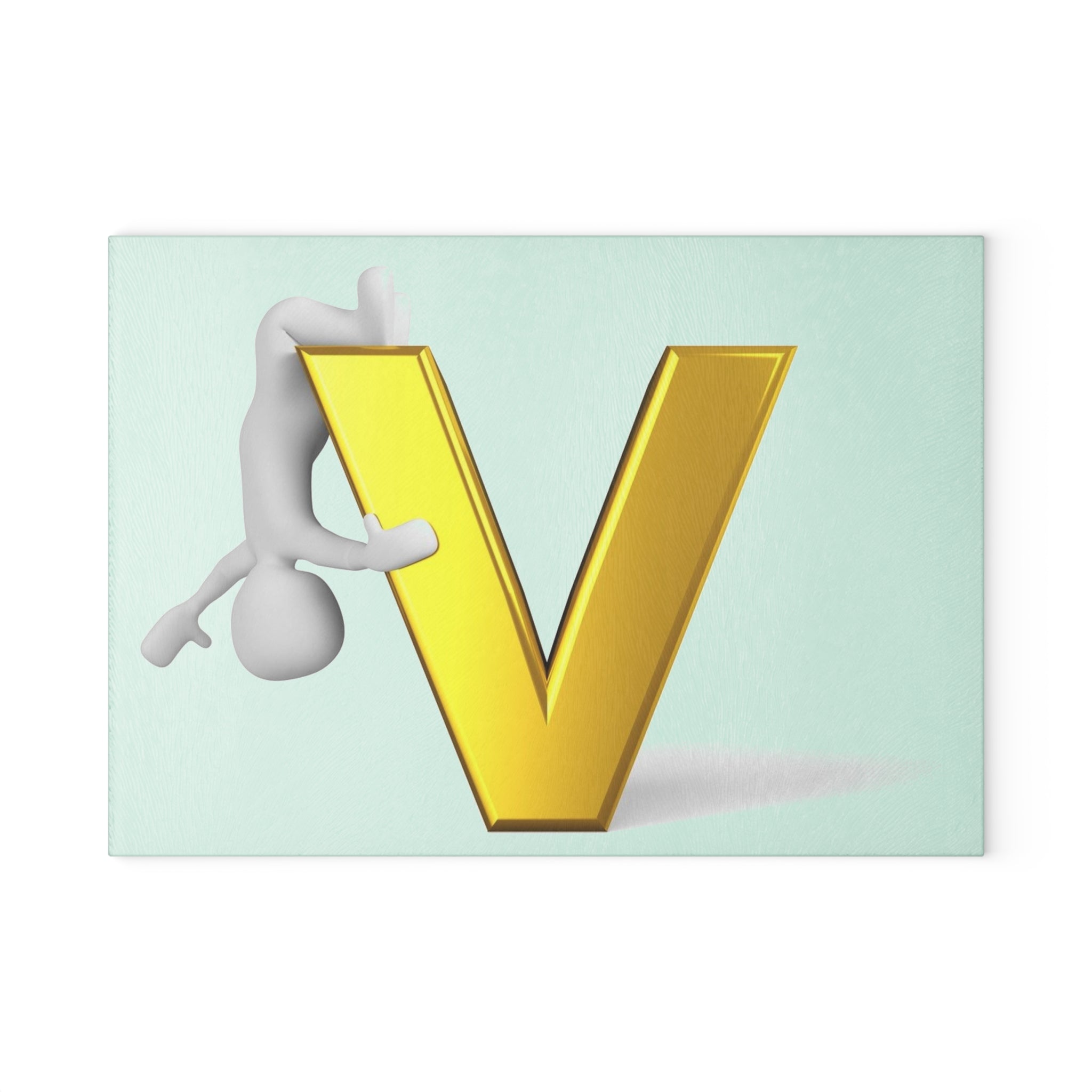 Gold Letter V with Hanging Figure Glass Cutting Board | Monogram Initial V
