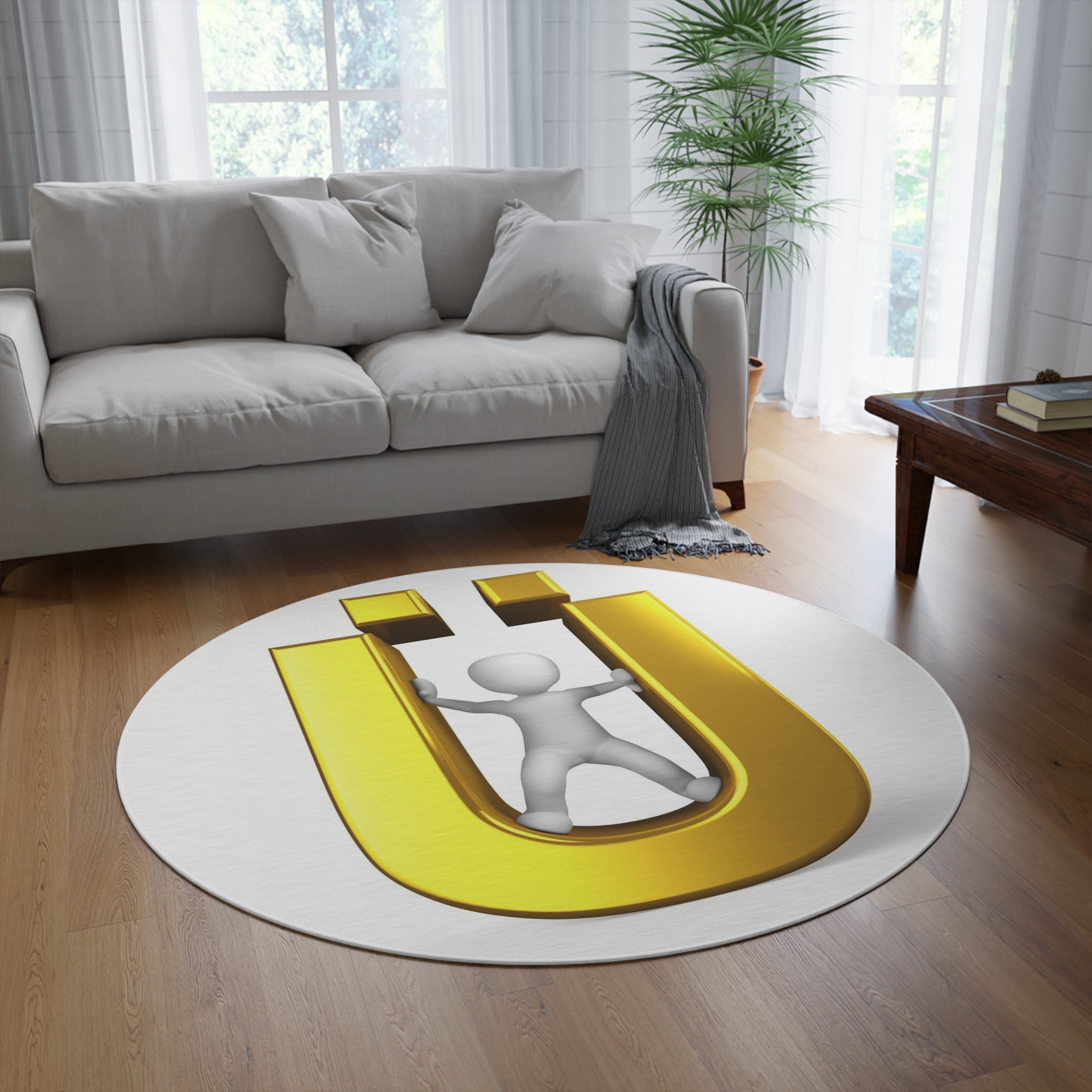 Gold Letter Ü with Figure Round Rug | Monogram Initial Floor Mat